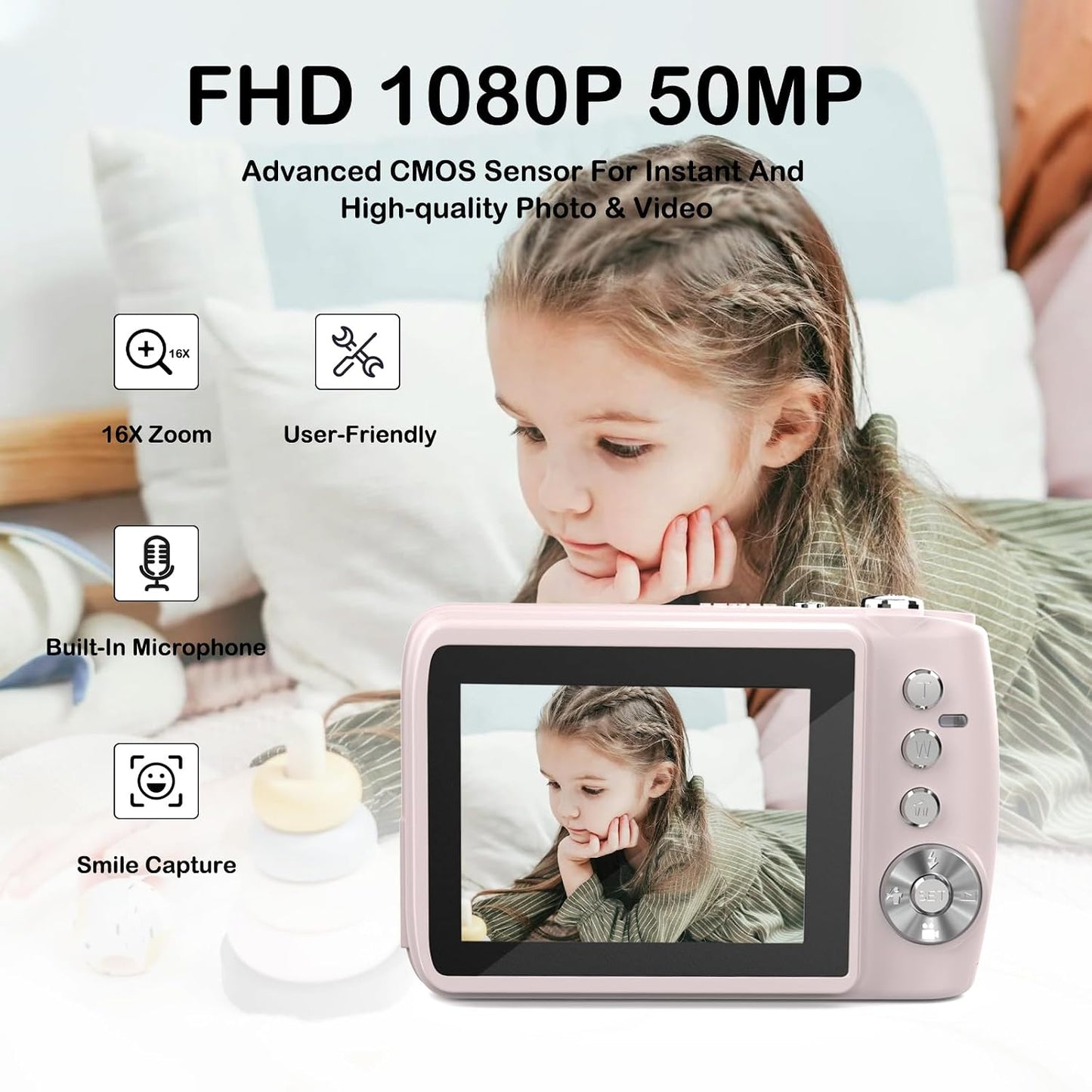 YingCheng 50MP 1080P, 16X 32GB Digital Camera for FHD Digital Point and Shoot Camera with Zoom Anti Shake