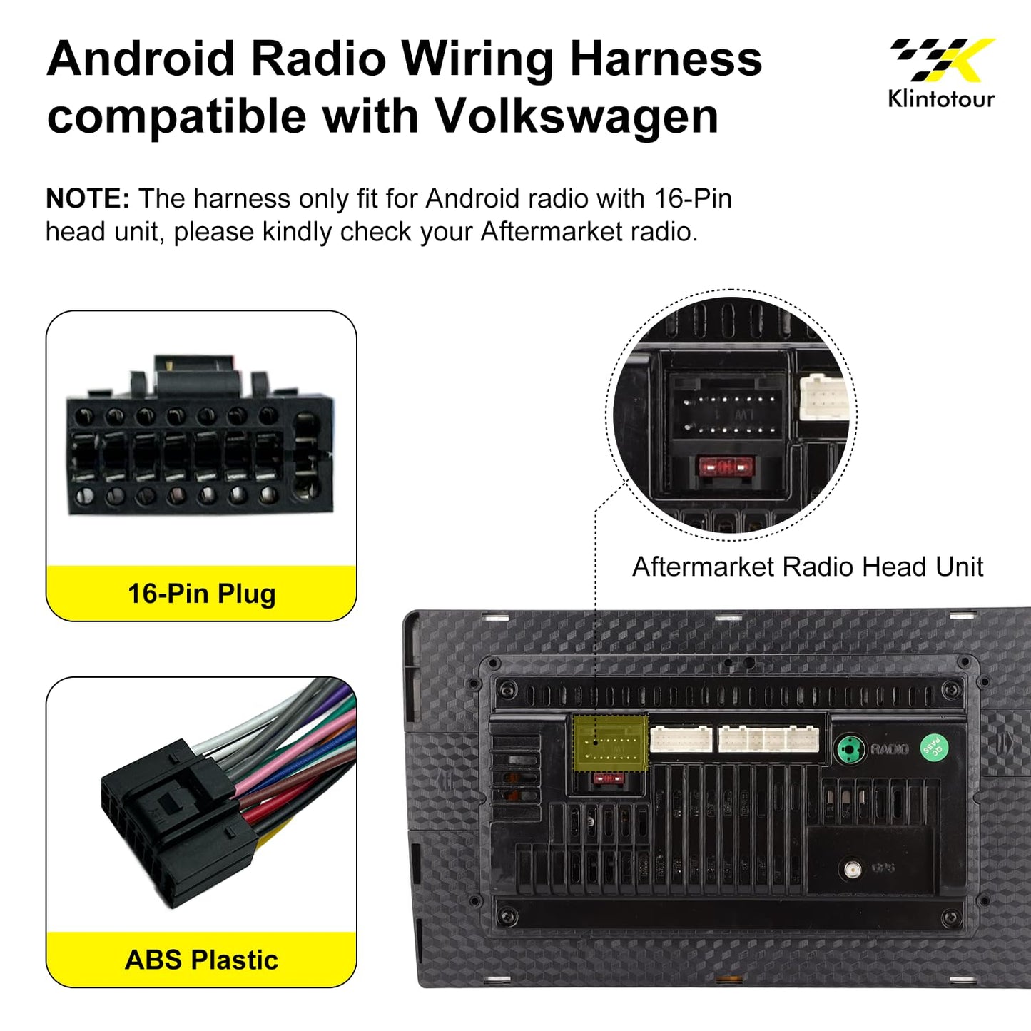 2003-2015, 16Pin Aftermarket Radio Wiring Adapter Compatible with Volkswagen Android Car Stereo Harness with SWC