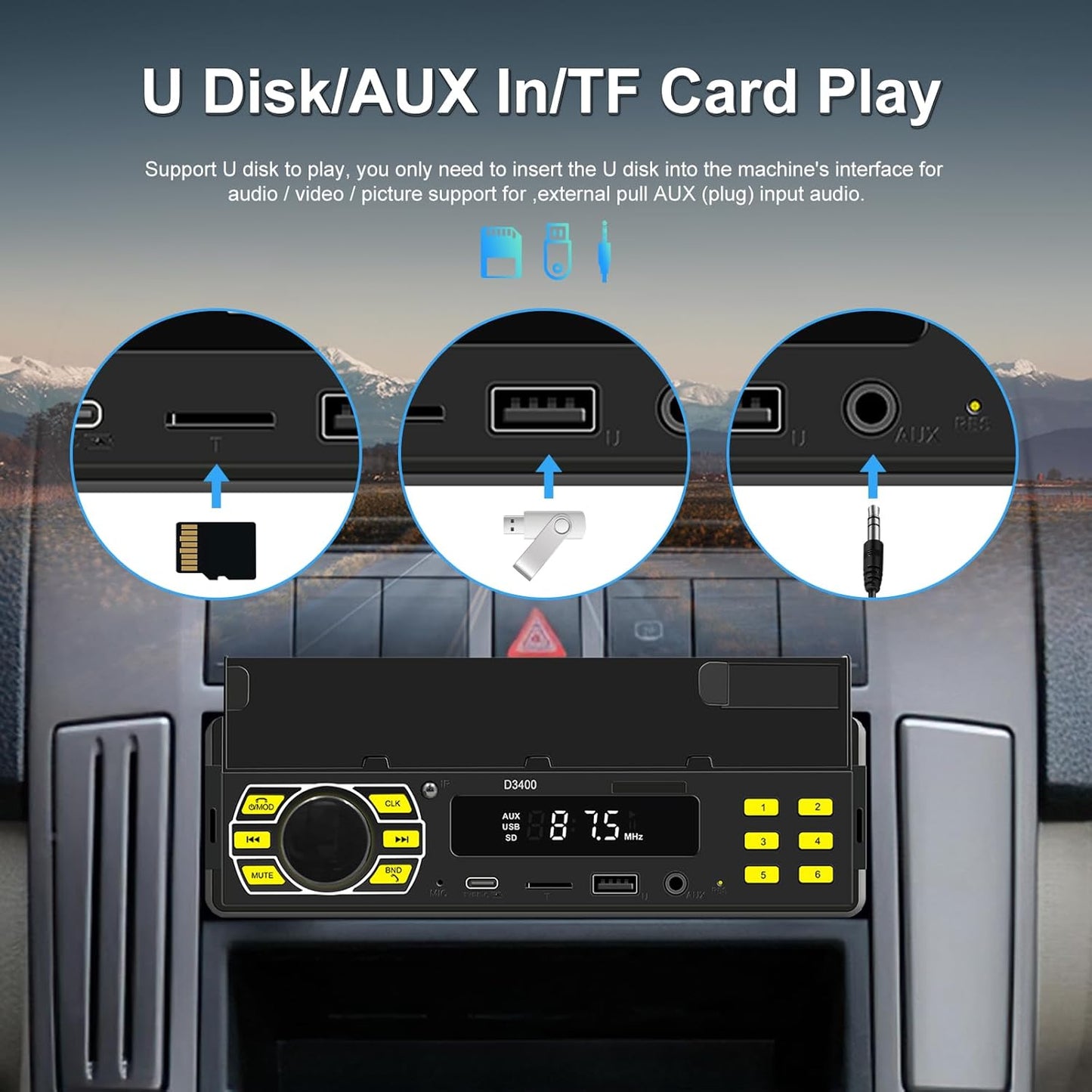 ePathChina MP3/SD/TF/AUX/USB/Remote/Type-C Car Audio Stereo, Single Din, Bluetooth, No CD DVD Player, FM Radio
