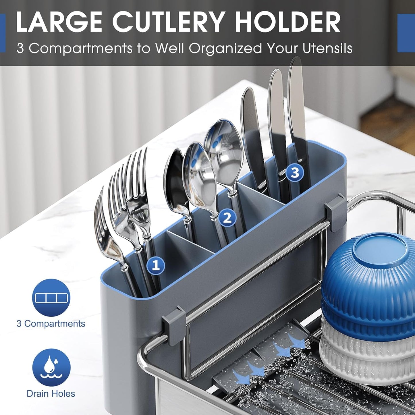 Urackify Stainless Steel Dish Drying Rack - Large Capacity Kitchen Organizer with Drain Board & Utensil Holder