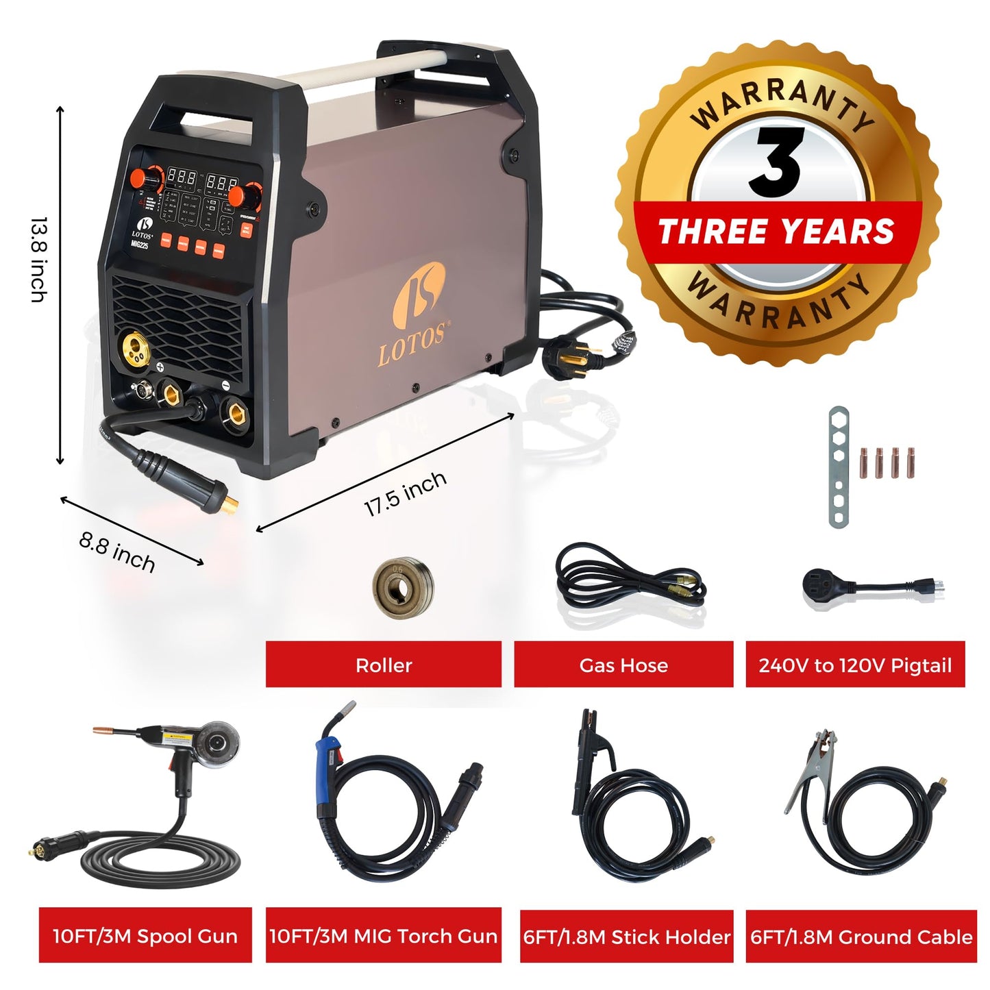 LOTOS MIG225SP MIG Welder with Aluminum Spool Gun, 225A 110/220V, 6 in 1 Gas MIG, Spool Aluminum, Gasless Flux Core, Stick, Lift TIG, Spot, Multi Process Welding Machine Auto Synergistic Setting
