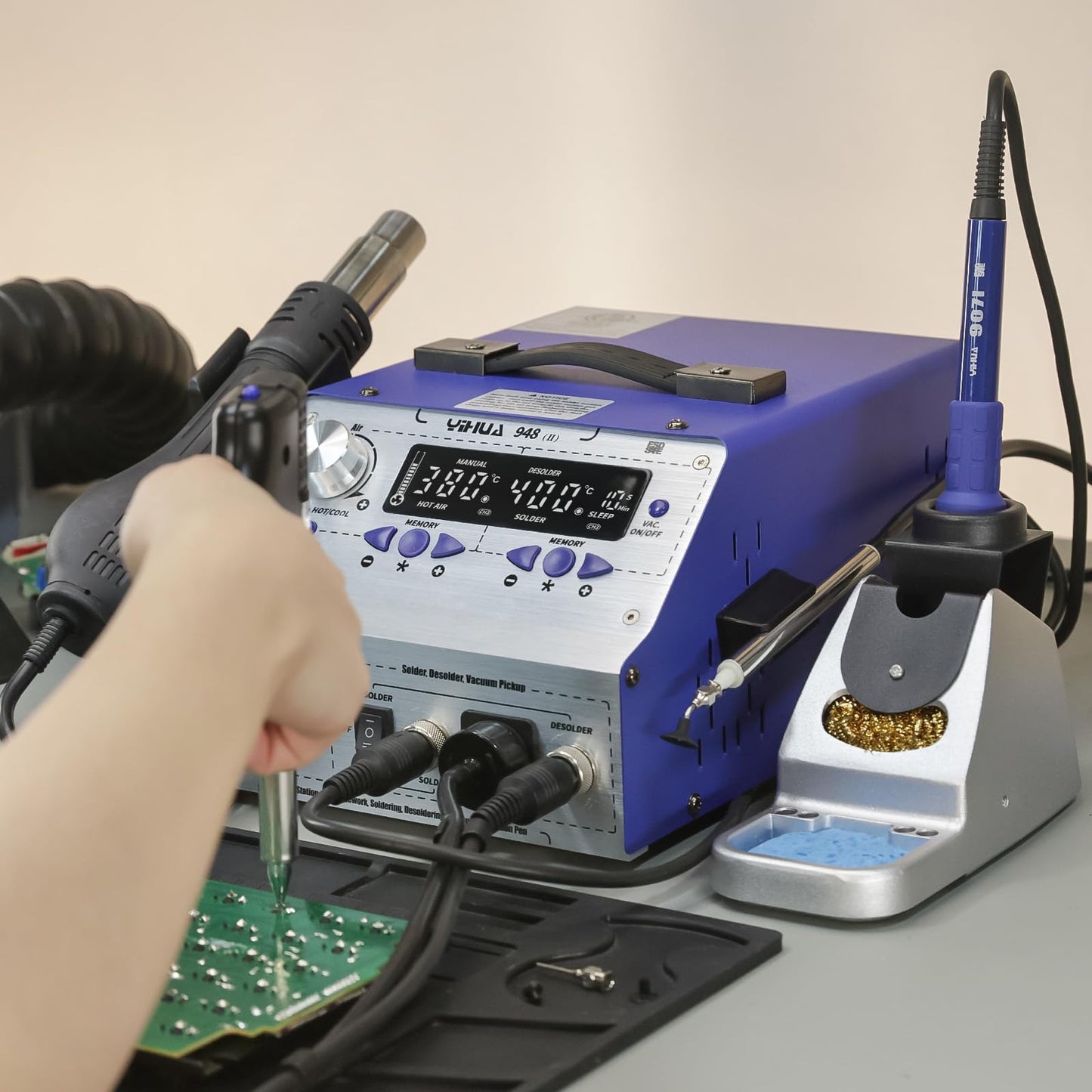 YIHUA 948-II 4 in 1 Hot Air Rework Soldering Iron and Desoldering Suction Tin Gun Station with Suction Pick Up Pen °F /°C
