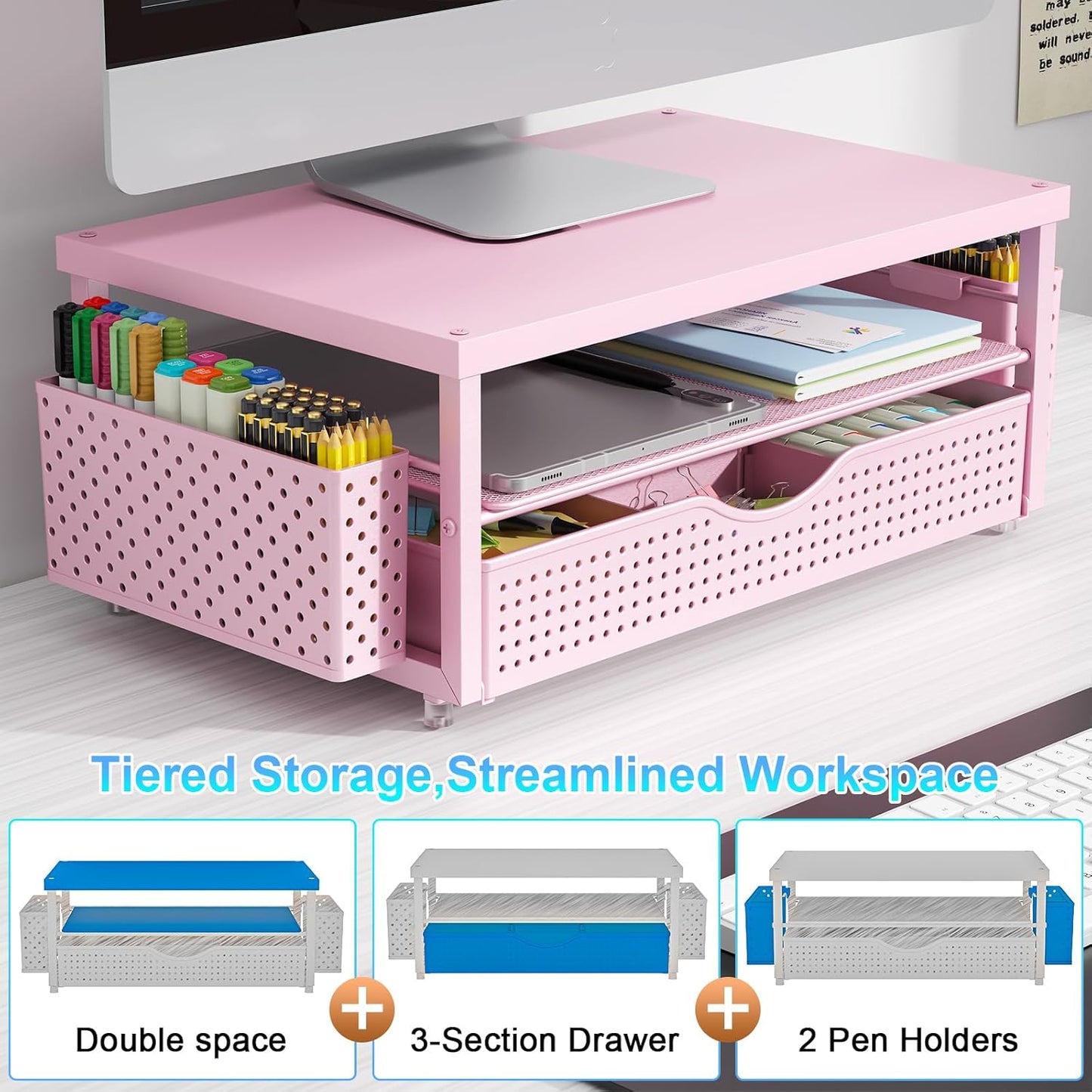 2 2-Tier gianotter Wood Monitor Stand Riser, Desk Organizer with Drawer and Pen Holders, Workspace Organizer for Office
