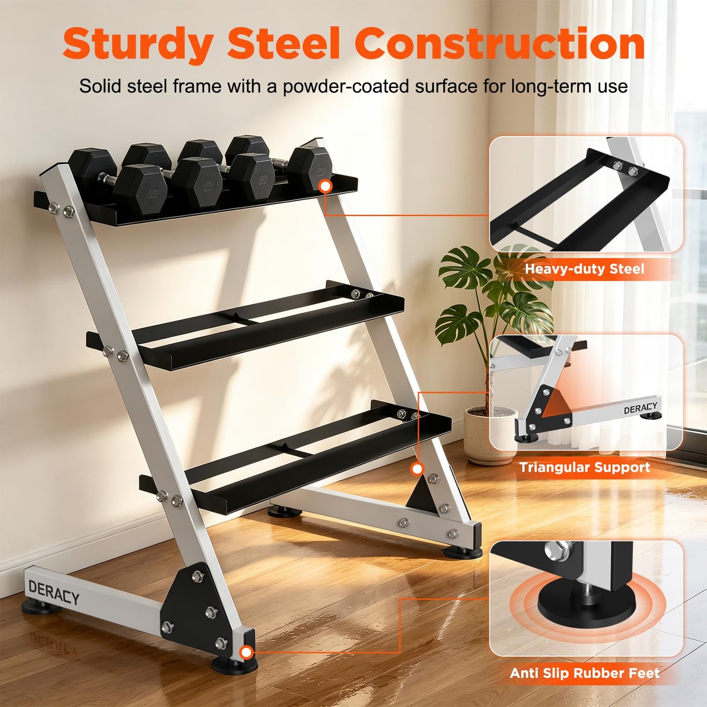 DERACY Dumbbell Rack, 3-Tier Dumbbell Weight Rack for Home Gym, Dumbbell Set Organizer for Dumbbell Kettlebell Barbell, Heavy Duty Weight Storage Rack, Dumbbell Stand Only