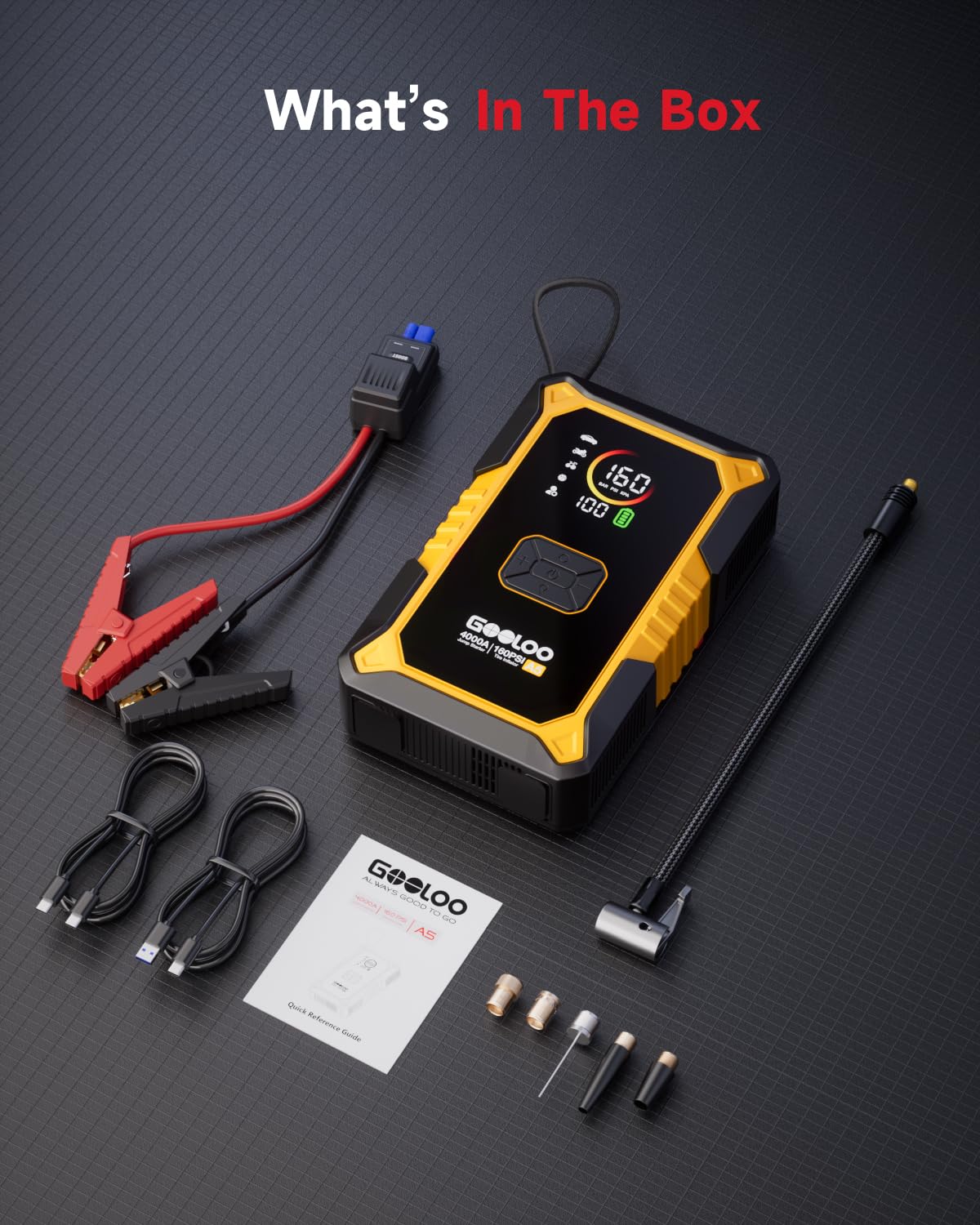 GOOLOO A5 Car Jump Starter with Air Compressor, 4000A Portable Car Jump Starter (All Gas/10.0L Diesel) with 160PSI Auto-Off Tire Inflator, 45W PD Fast Charging,12V Battery Jumper Starter Portable
