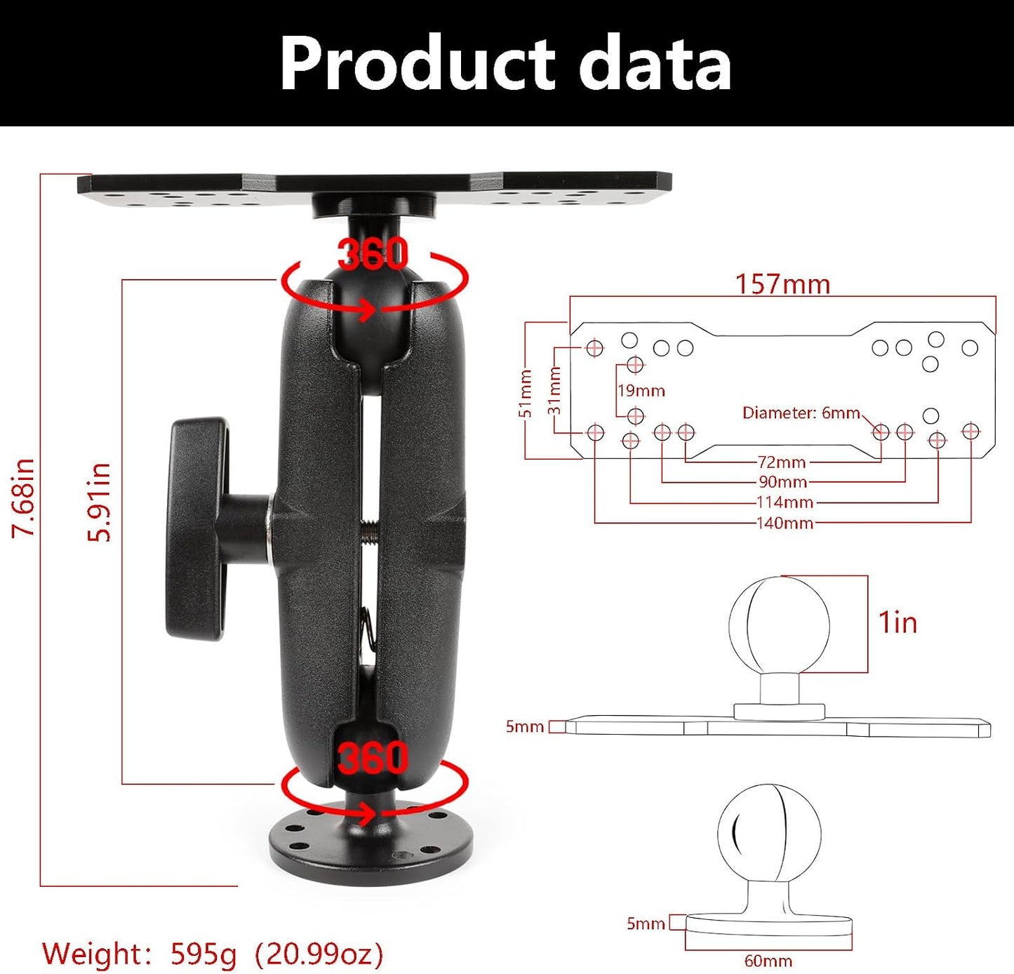 FPN (7.6inch) Universal Mounting Bracket - Extended Aluminum Alloy Arm with Spherical & Rectangular Plate, Circular