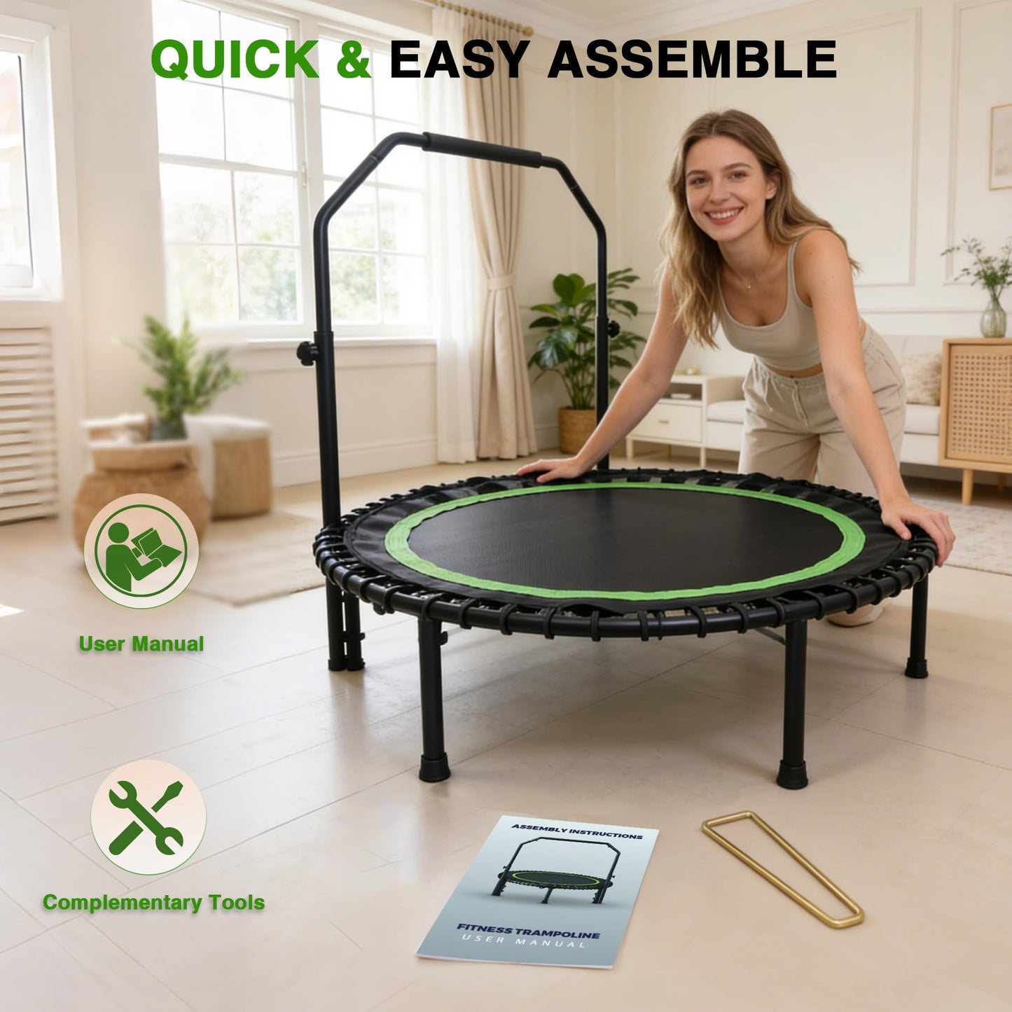 40" Mini Rebounder Trampoline for Adults with Handle, Foldable Mini Trampoline with Bungees, Adjustable Foam Handle, Stable & Quiet, Max Load 440lbs