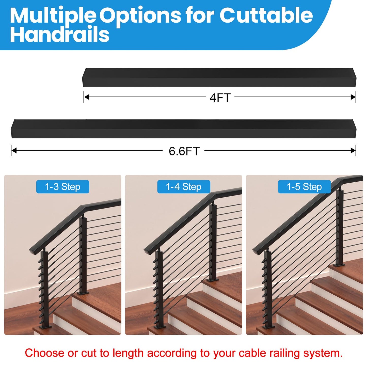 RailinGo 2Pack 6'6'' Rectangular Cable Railing Handrails, Black Stainless Steel Handrail with Nylon End Caps for Stair Cable Railing System, 6.5FT Cuttable Deck Cable Rail Post Handrail, RG01-H