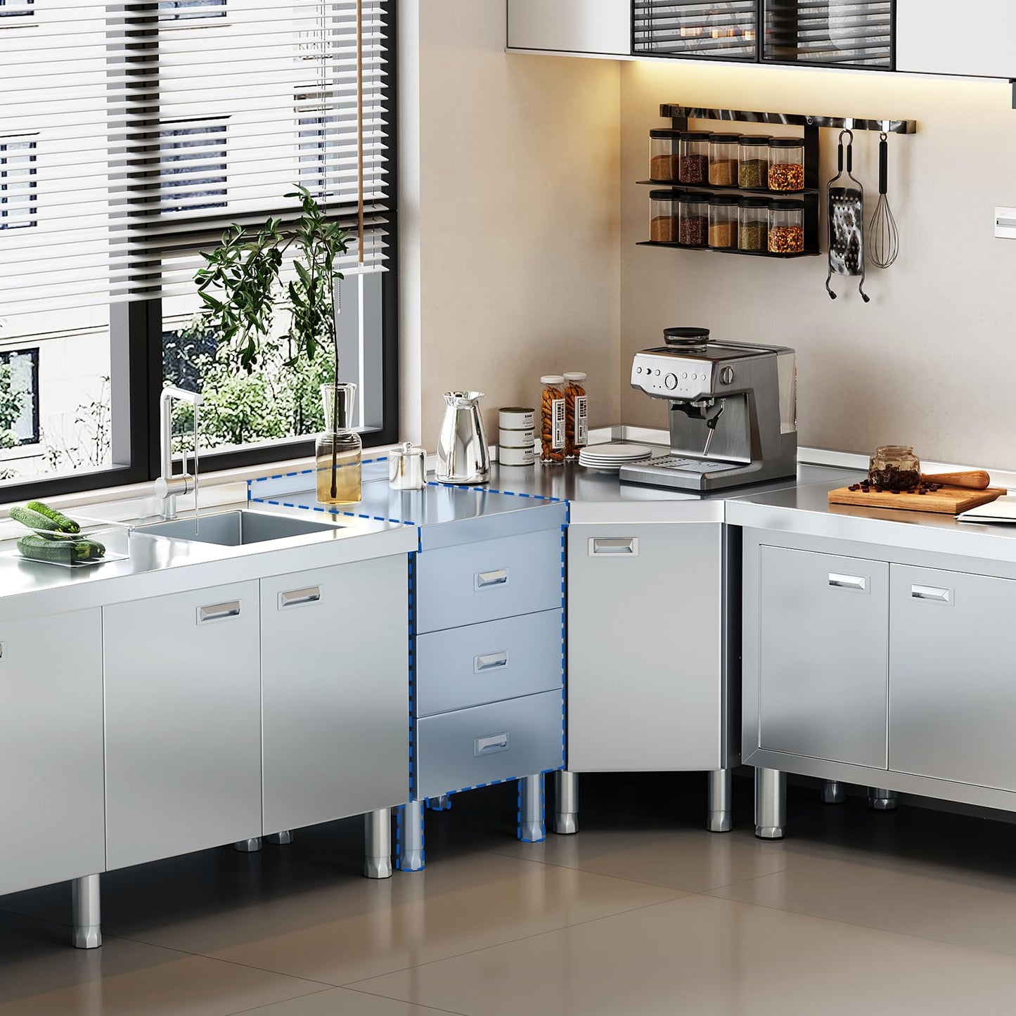 ZZV Stainless Steel Kitchen Cabinet Outdoor Kitchen Drawers with Handles Triple Access BBQ Drawers for Outdoor Garage Warehouse Restaurant, No Assembly Required, 21.66 x 19.68 x 35.43 in