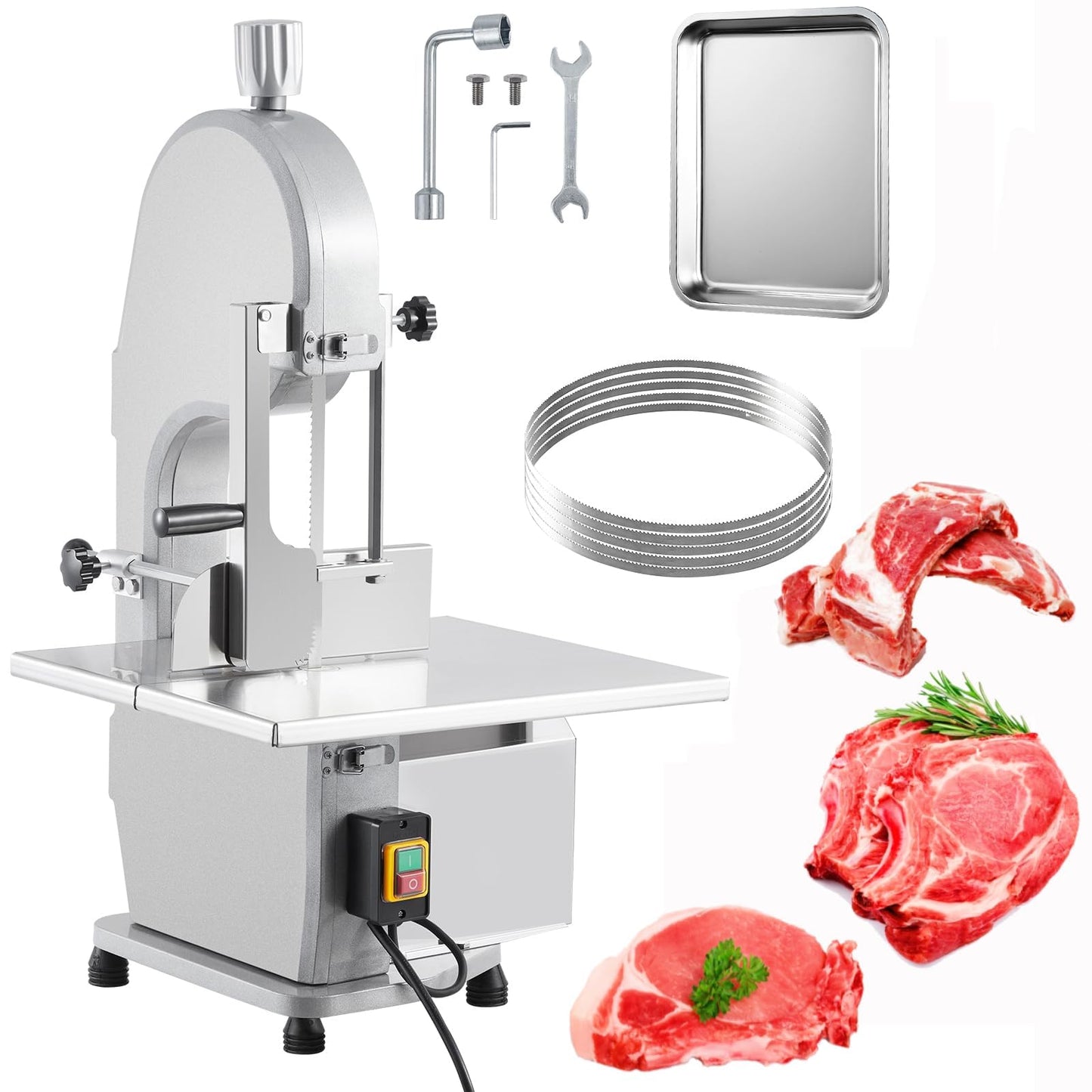 1100W Commercial Electric Bone Saw Machine, Frozen Meat & Bone Cutter with 5 Saw Blades, Adjustable 0.16-7.09 Inch Thickness, 19.3"x15" Stainless Work Table for Butcher Shops, Restaurants, Supermarket