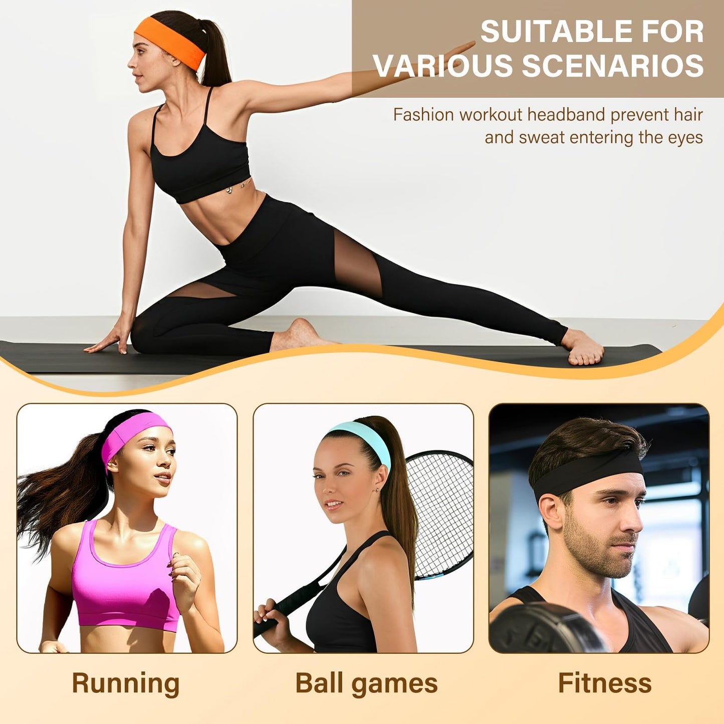8PCS Soft Elastic Stretch Workout Sports Headbands for Women - Soft Cloth, Sweat-Absorbing, Colourful Athletic Headbands for Girl's Hair, Ideal for Yoga,Running and Gym (Mix)