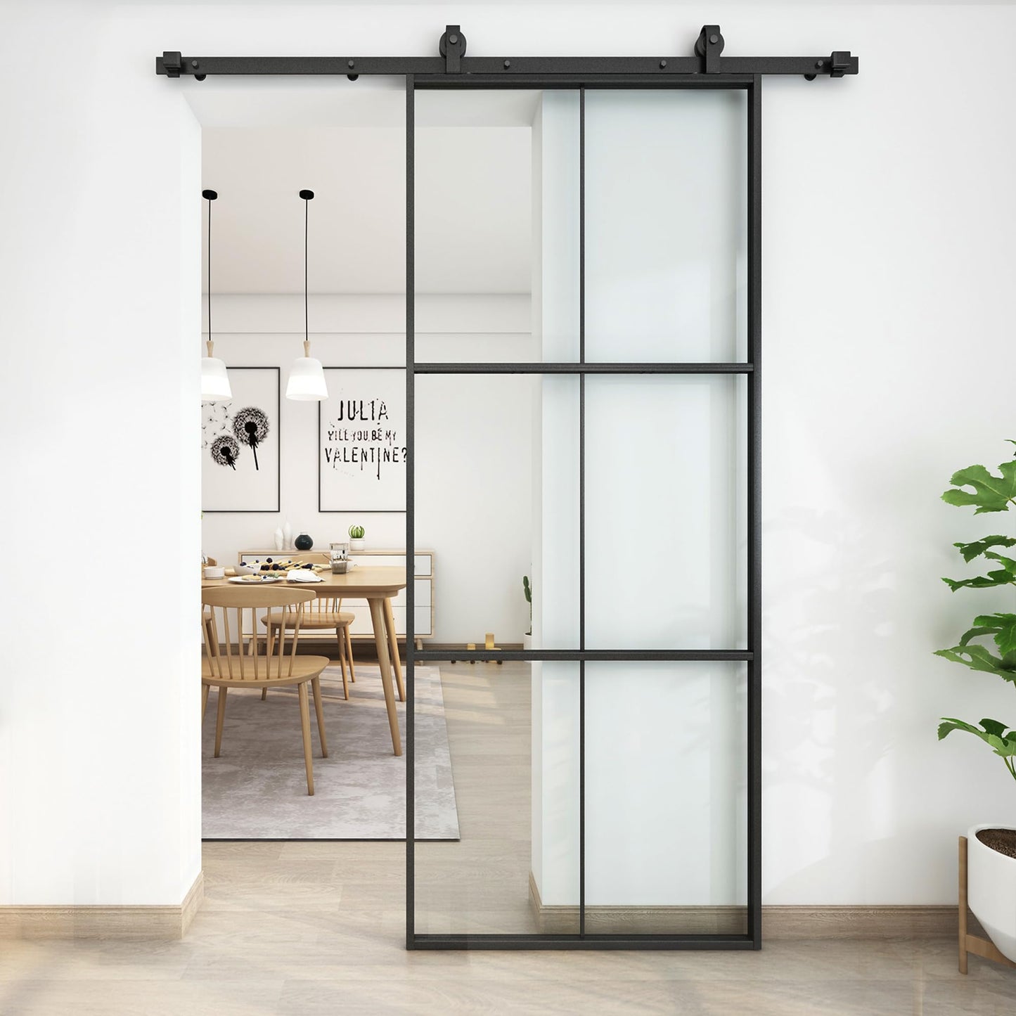 JUBEST 38in x 96in Glass Sliding Barn Door with 6.6ft Hardware kit, 3-Panel Black Aluminum Frame and Clear Tempered Glass Modern French Door, Easy to Install