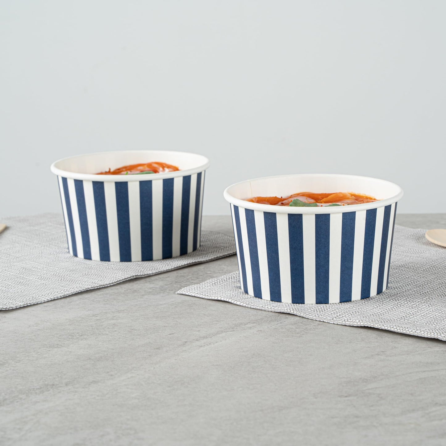 Restaurantware Coppetta 8 Ounce Dessert Cups, 200 Disposable Ice Cream Cups - Lids Sold Separately, Sturdy, Blue And White Paper FroYo Bowls, Striped, For Hot And Cold Foods, Perfect For Gelato