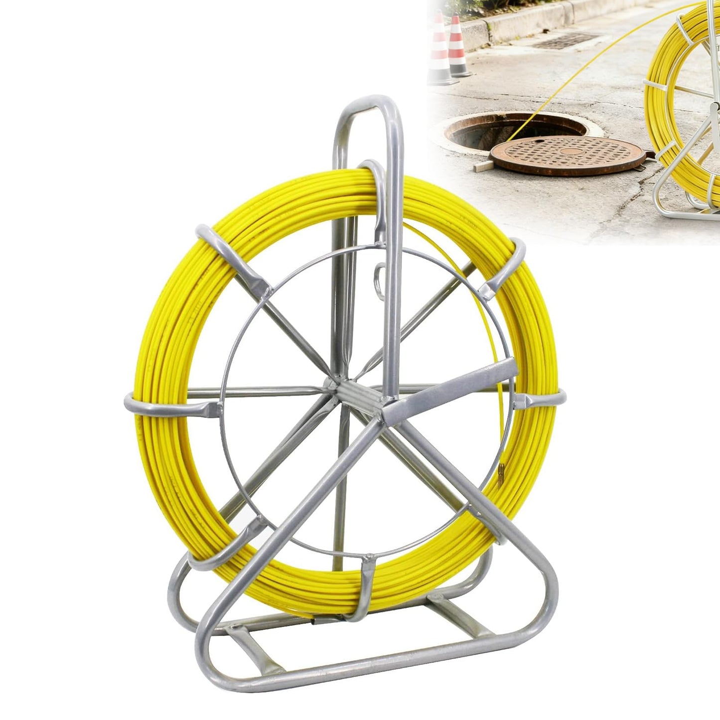 Fish Tape Fiberglass 6MM 425FT,Electrical Fish Tape Cable Running Rod with Steel Reel Stand, Fishing Tools for Walls & Electrical Conduit