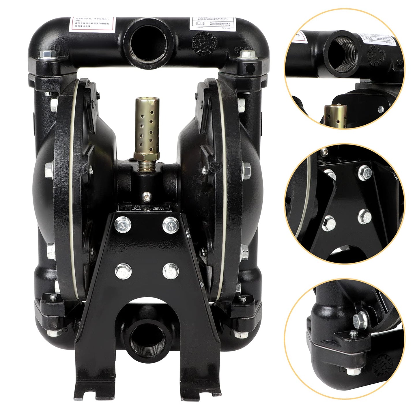 Air Operated Double Diaphragm Pump QBY4-25L 1 inch Outlet 35 GPM Pneumatic Transfer Max 120 PSI Industrial Use Chemical Waste Oil Dual Dissepiment Nitrile Fluorine Rubber by Cast Iron Aluminum Alloy