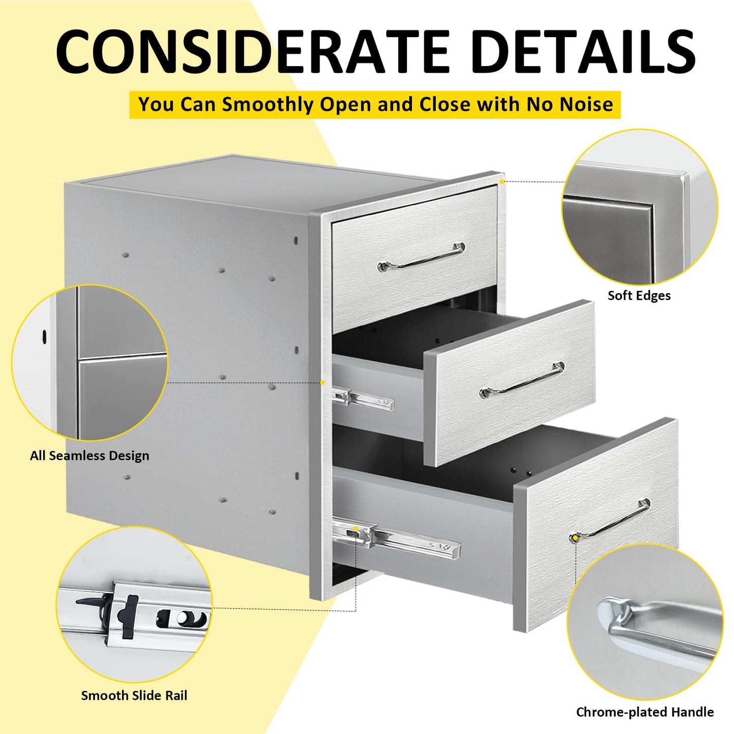SGOLAN Outdoor Kitchen Drawers 16" W x 21" H x 23" D Flush Mount Triple BBQ Drawers with Chrome Handle Stainless Steel Drawer for Outdoor Kitchen Island, Patio Grill Station