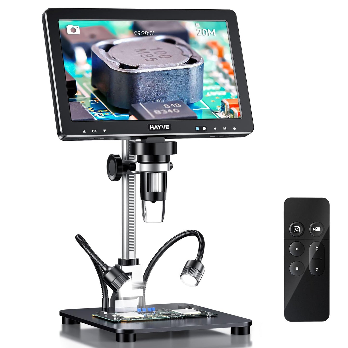 Hayve DM12 10.1'' HDMI Digital Microscope, 2000X Coin Microscope with IPS Screen, 20MP Soldering Microscopes for Electronics with 10.4'' Longer Stand,Compatible with PC/TV