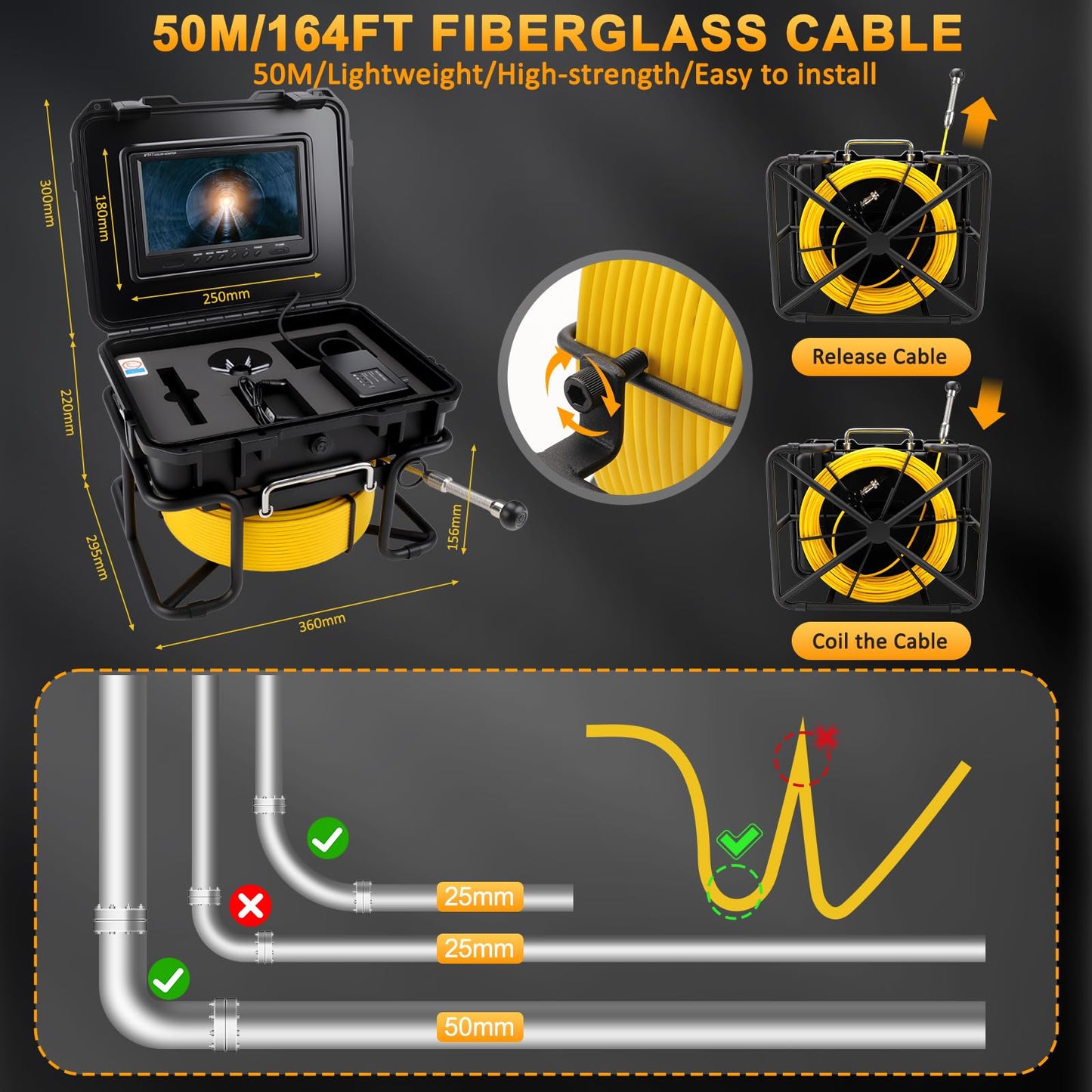 Sewer Inspection Camera, Pipe Drain Camera w/Distance Counter, Plumbing Snake Camera with light, 9'' HD IPS Screen,16X Digital Zoom,32GB Card,165FT/50M,IP68 Waterproof Borescope for Industrial Plumber