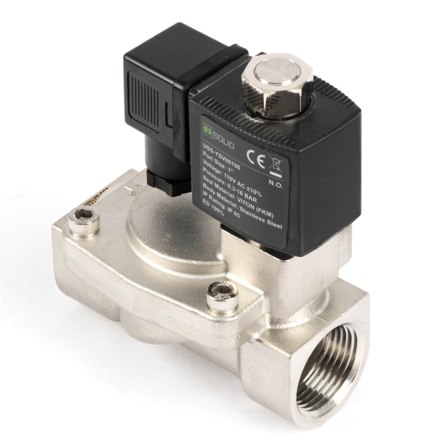 U.S. Solid Stainless Steel Solenoid Valve 1" - 110V 120V AC, Normally Open, 4.4-232 PSI, Pilot-Operated, Viton Seal