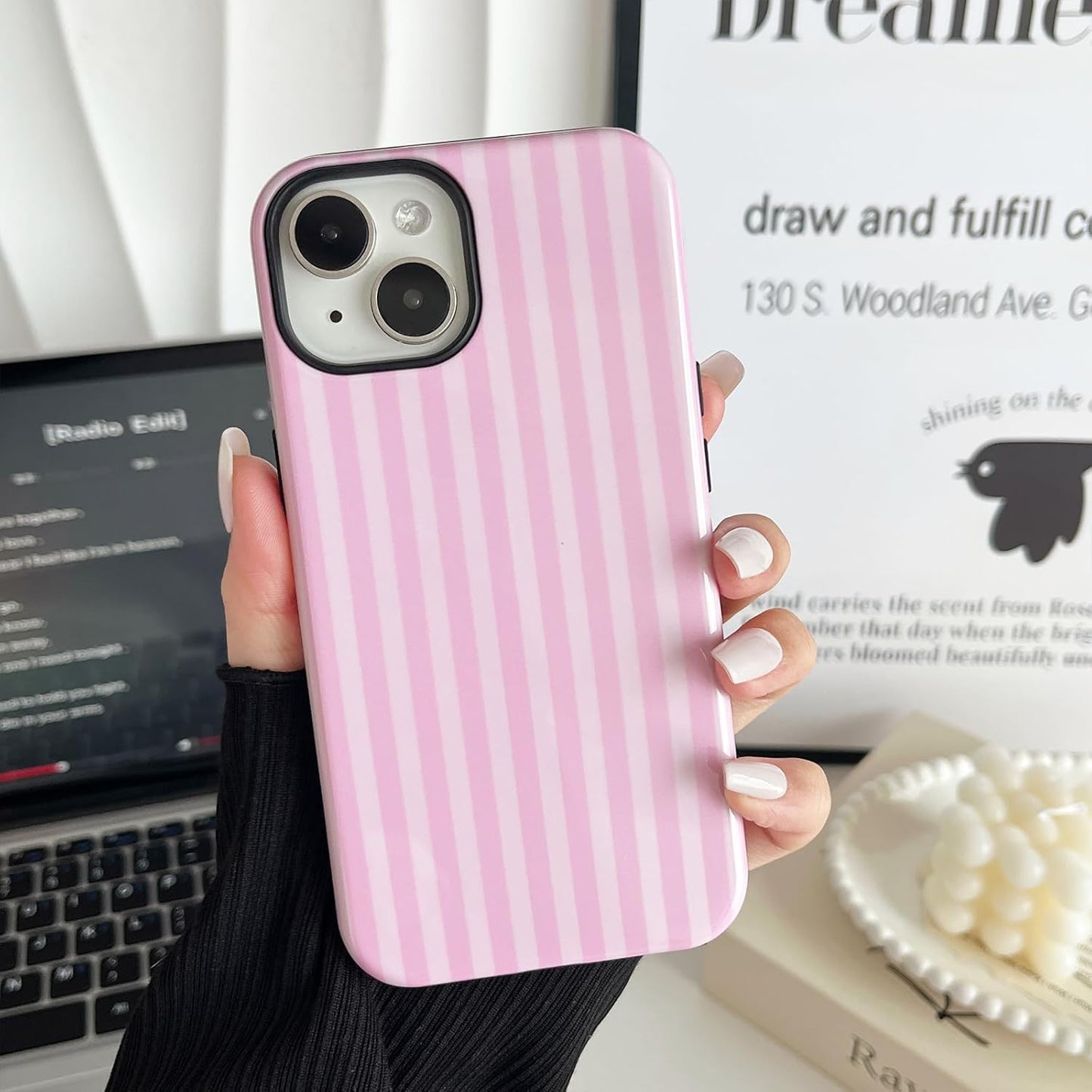 CHEDEMK 15 15 6.1"- Compatible with iPhone Case, Cute Fashion Aesthetic Striped Pattern Cover for Women, Shockproof