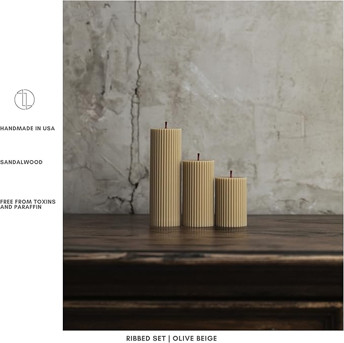LAWA Roman Handmade Tall Ribbed Pillar Candle - Beautiful Scented Soy Wax Dinner Candle | Classic Aesthetic Decoration Set | Housewarming Gift | Home Room Shelf Decor Idea - Olive Beige (Set of 3)