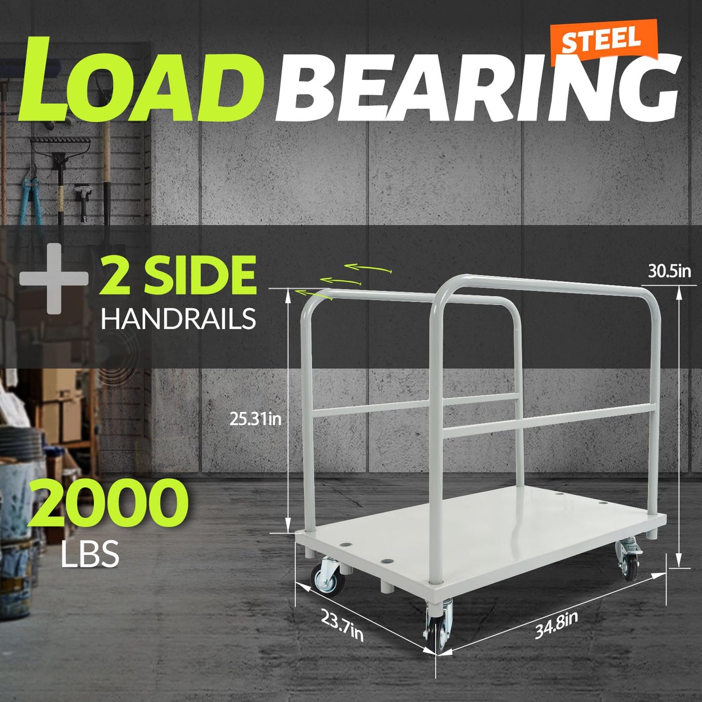 Gelacie 23x34inch Steel Panel Truck Cart, Flat Dolly Cart, Flatbed with 2000 lbs Capacity Platform Truck, Heavy Duty Lumber Drywall Dolly, 4 Swivel Casters, Board with 2 Detachable Side Handrails