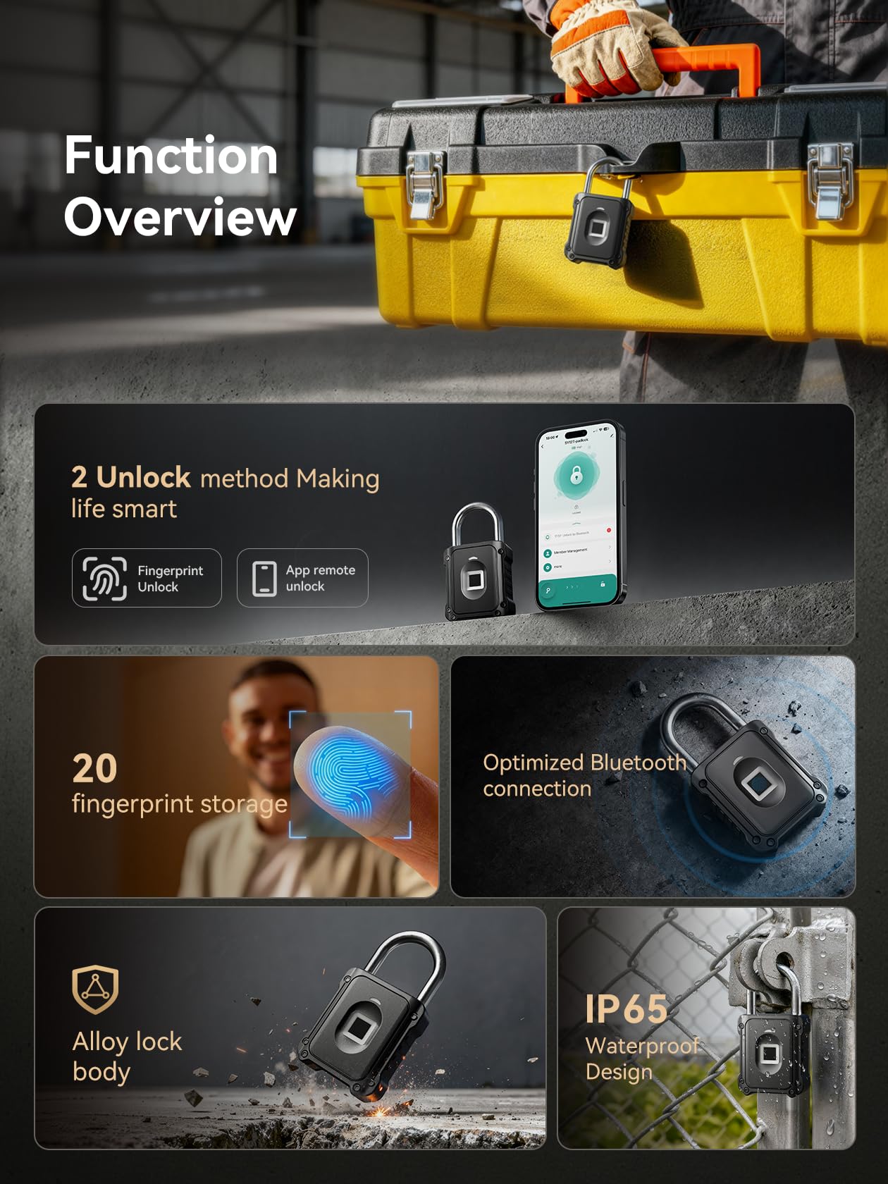 NexusLab Fingerprint Padlock, Smart Biometric Locker Lock with Bluetooth TUYA App Control, IP67 Waterproof Gym Lock, Keyless Combination Lock Alternative for School Locker, Sports & Outdoor Gates