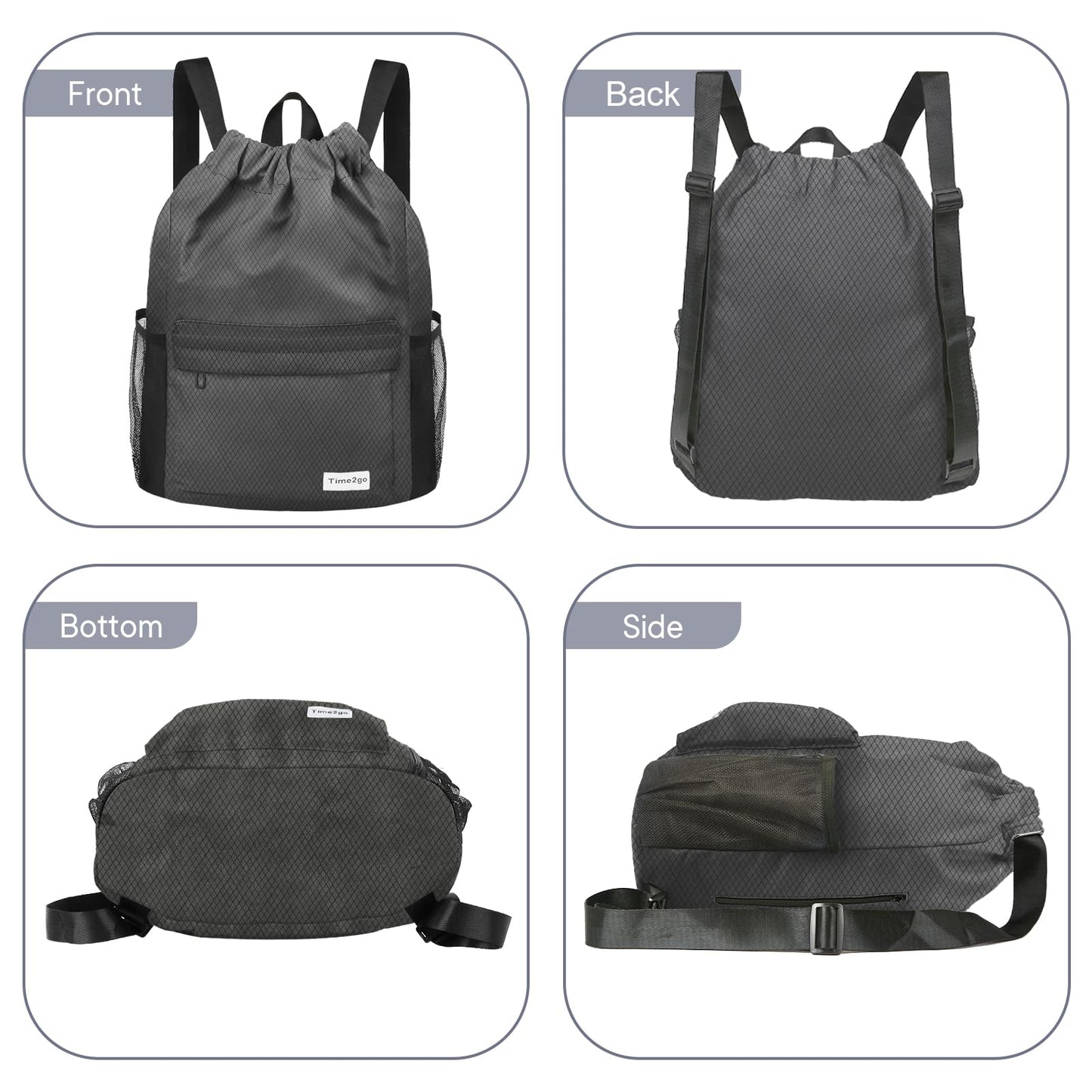 time2go Waterproof Drawstring Backpack Sports Gym Sackpack with Mesh Pockets Water-Resistant String Cinch Beach Bag for Men Women