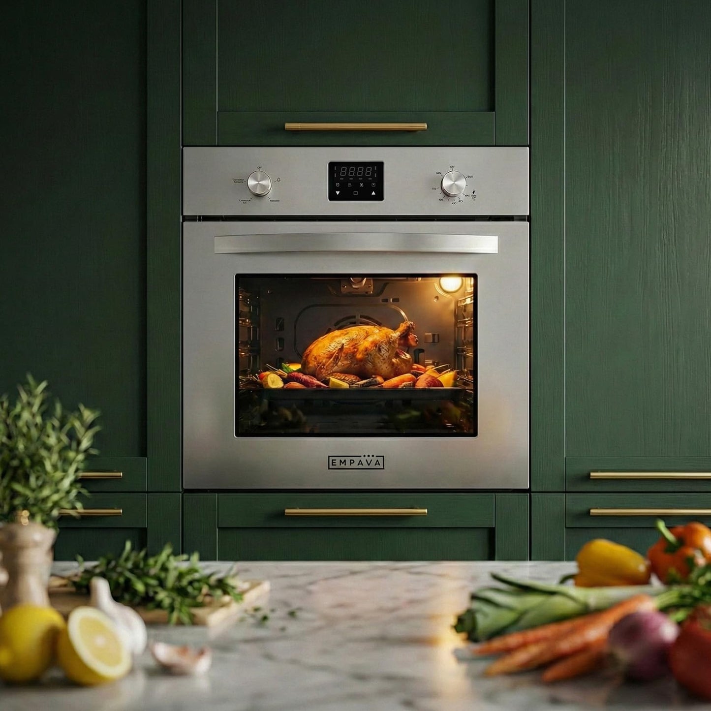 Empava Single Gas Wall Oven with 5 Cooking Funcitons, 24 inch Built-in Wall Convection Natural Gas Oven with Mechanical Control Knobs, Digital Display Panel, Stainless Steel