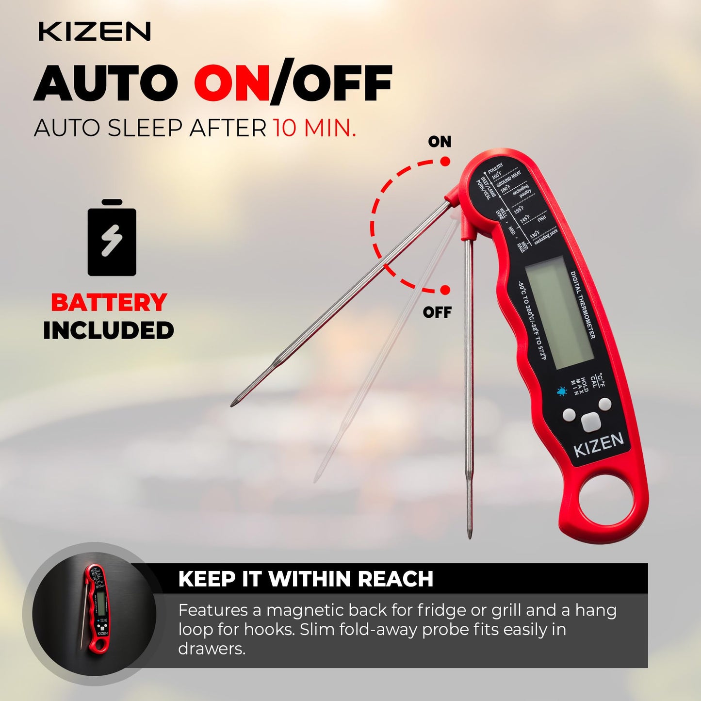 KIZEN Instant Read Meat Thermometer Digital - Food Thermometer for Cooking, Grill, Oven, BBQ - IP67 Rated Waterproof - Large Backlit Display and Magnetic Back
