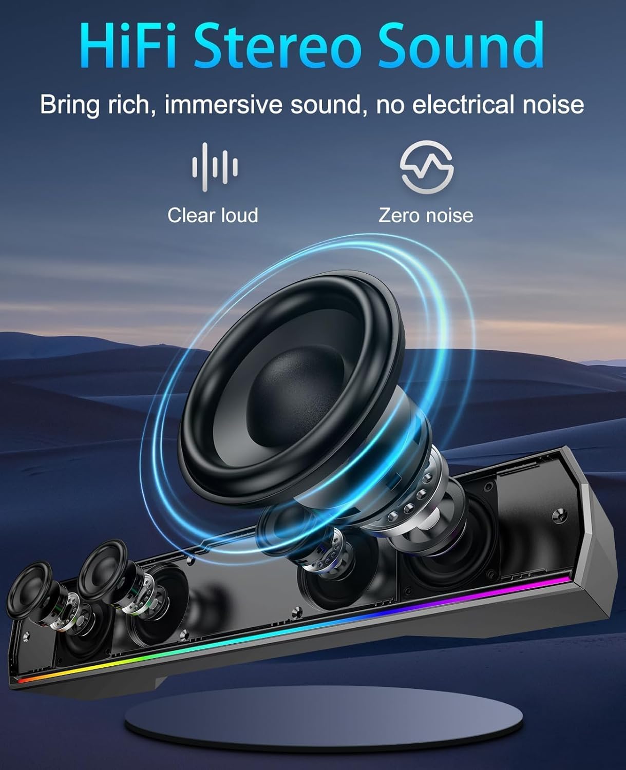 Kunodi USB Computer Speakers for Desktop Monitor, PC Speakers with Stereo Sound, Colorful Light Modes, Plug & Play, USB