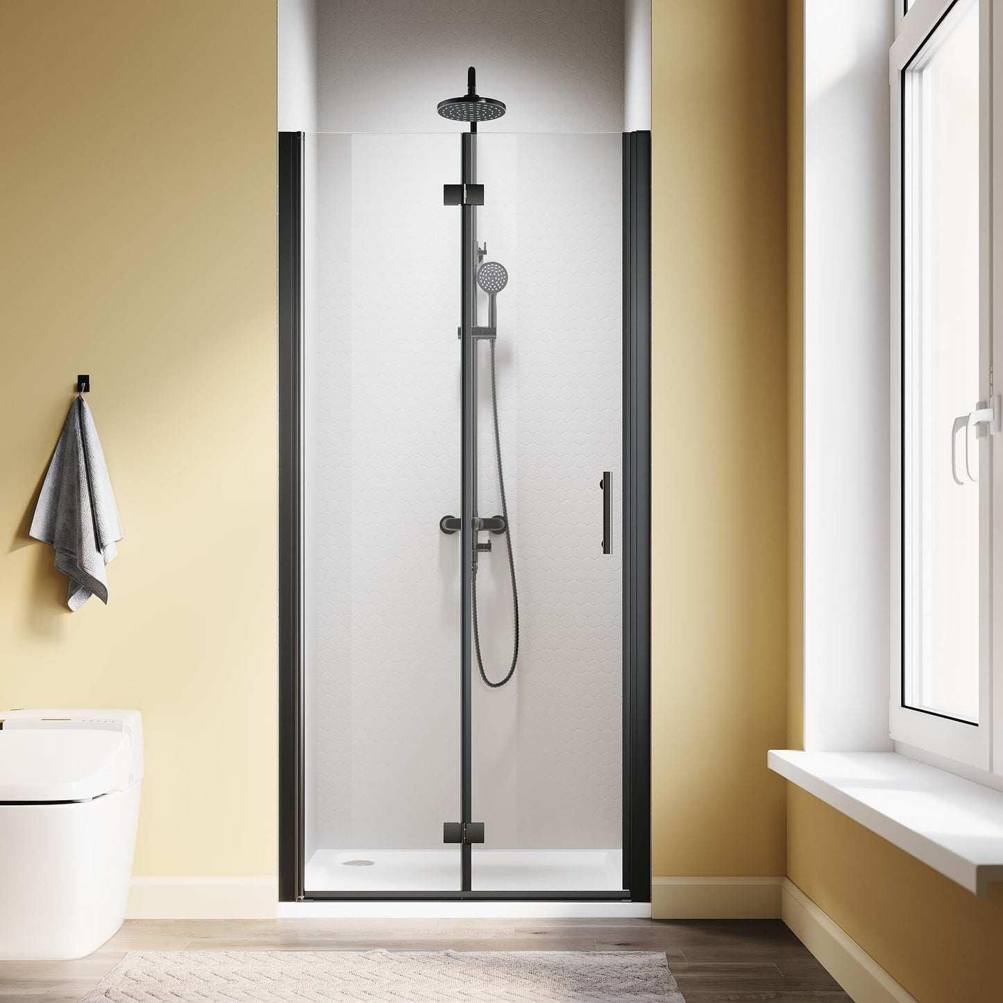 SL4U Bifold Shower Door, 34" W x 72" H, 1/4" Tempered Glass Shower Door, Foldable Shower Glass Door, Easy to Clean, Matte Black Finish