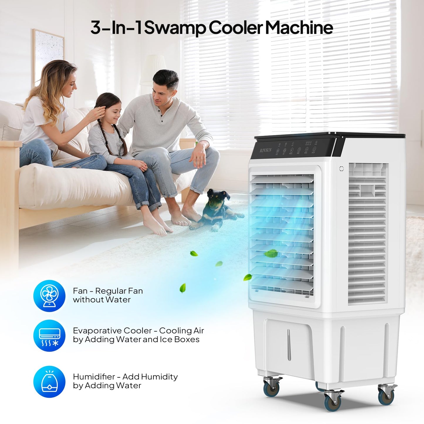 ROVSUN 2300CFM Portable Air Cooler, 7.9Gal/30L Evaporative Swamp Cooler, 3-IN-1 Cooling Fan with Remote Control, 12H Timer & 4 Ice Box, 3 Speeds, Humidifying Oscillating Fan for Indoor or Outdoor