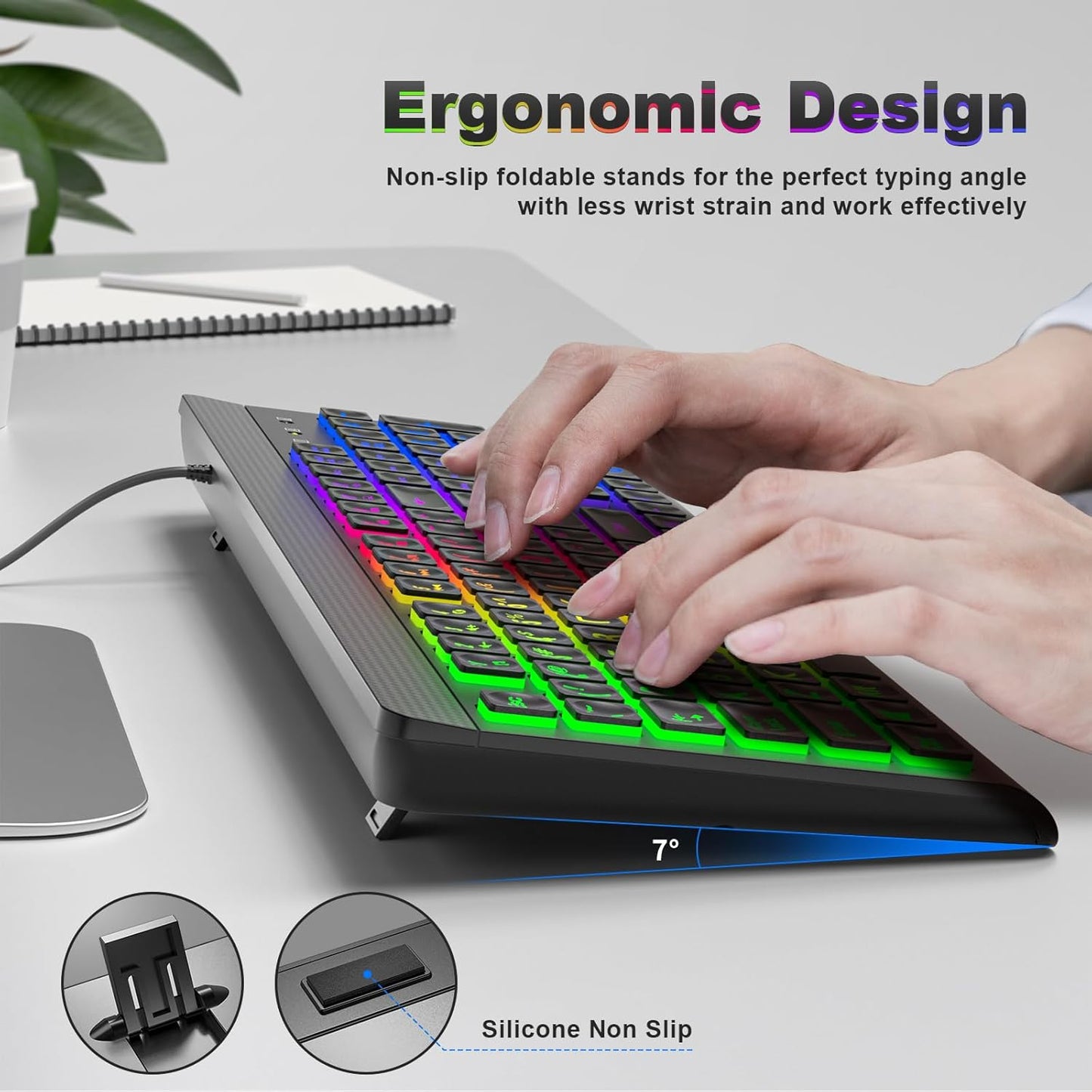 Atelus Large Print Backlit Keyboard, USB Wired Computer Keyboard, Full Size Keyboard with Rainbow Illuminated LED