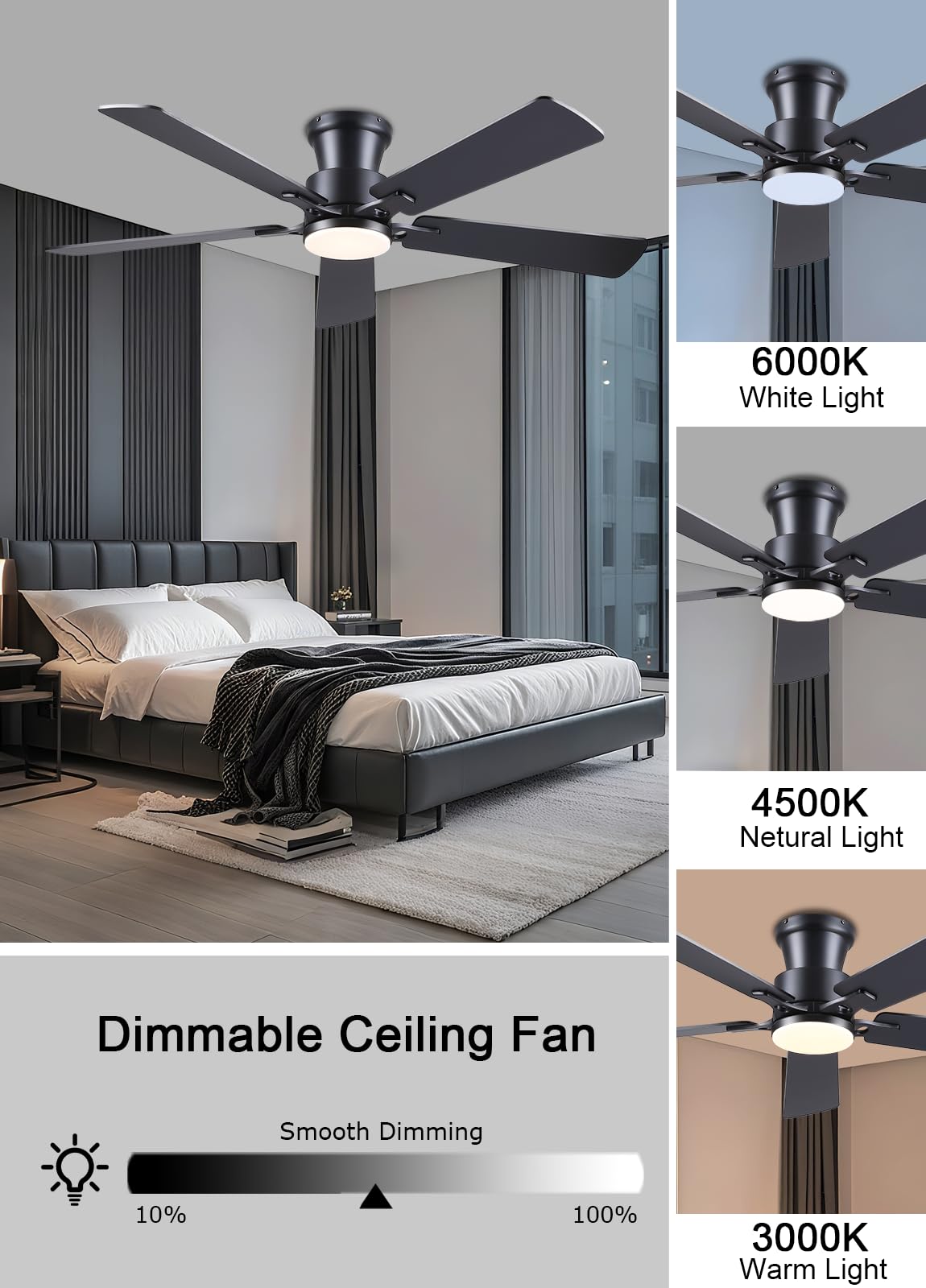 JSAITEE Ceiling Fans with Lights - Flush Mount Low Profile Flush Mount Ceiling Fans,DC Reversible Motor, 3CCT Dimmable, Noiseless, 6 Speeds Black Modern Ceiling Fan for Indoor/Outdoor