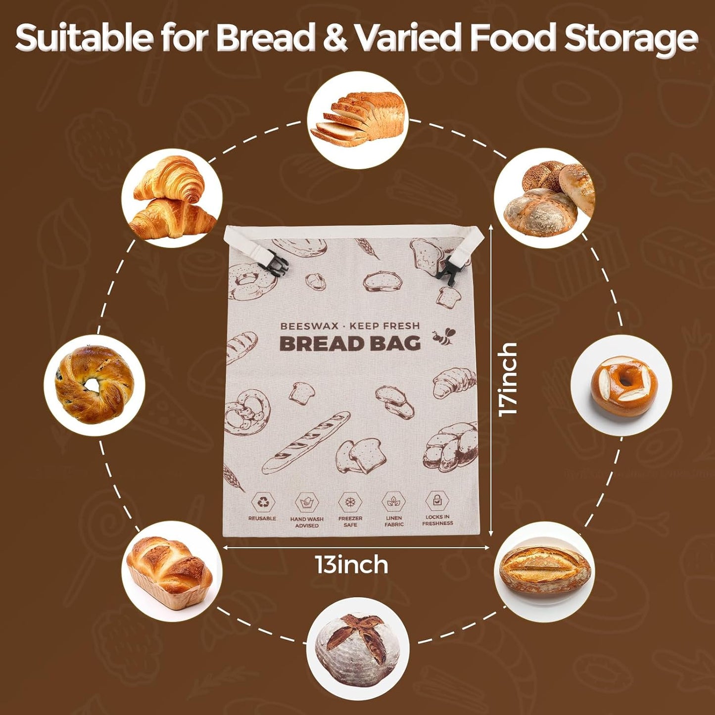 YARRAMATE Beeswax Bread Bags - Reusable Linen Food Storage for Fresh Homemade Sourdough | Large 17x13" (2 Pack)