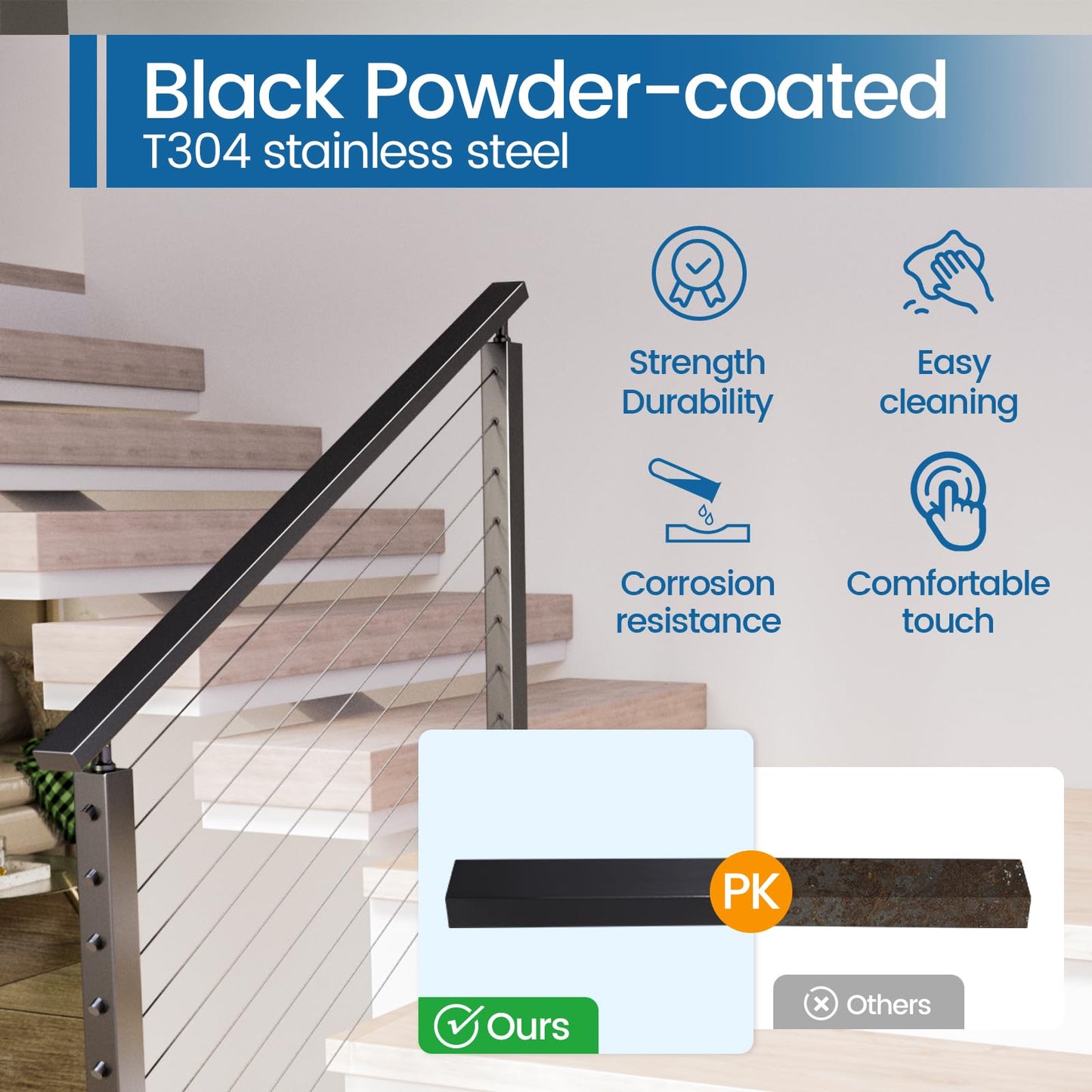 Muzata 6'6" Black Cable Railing Handrail Rectangular Stainless Steel Handrail for Cable Railing System Top Rail Deck Stair Indoor Outdoor Length Adjustable with Paper User Guide HT10 BP4