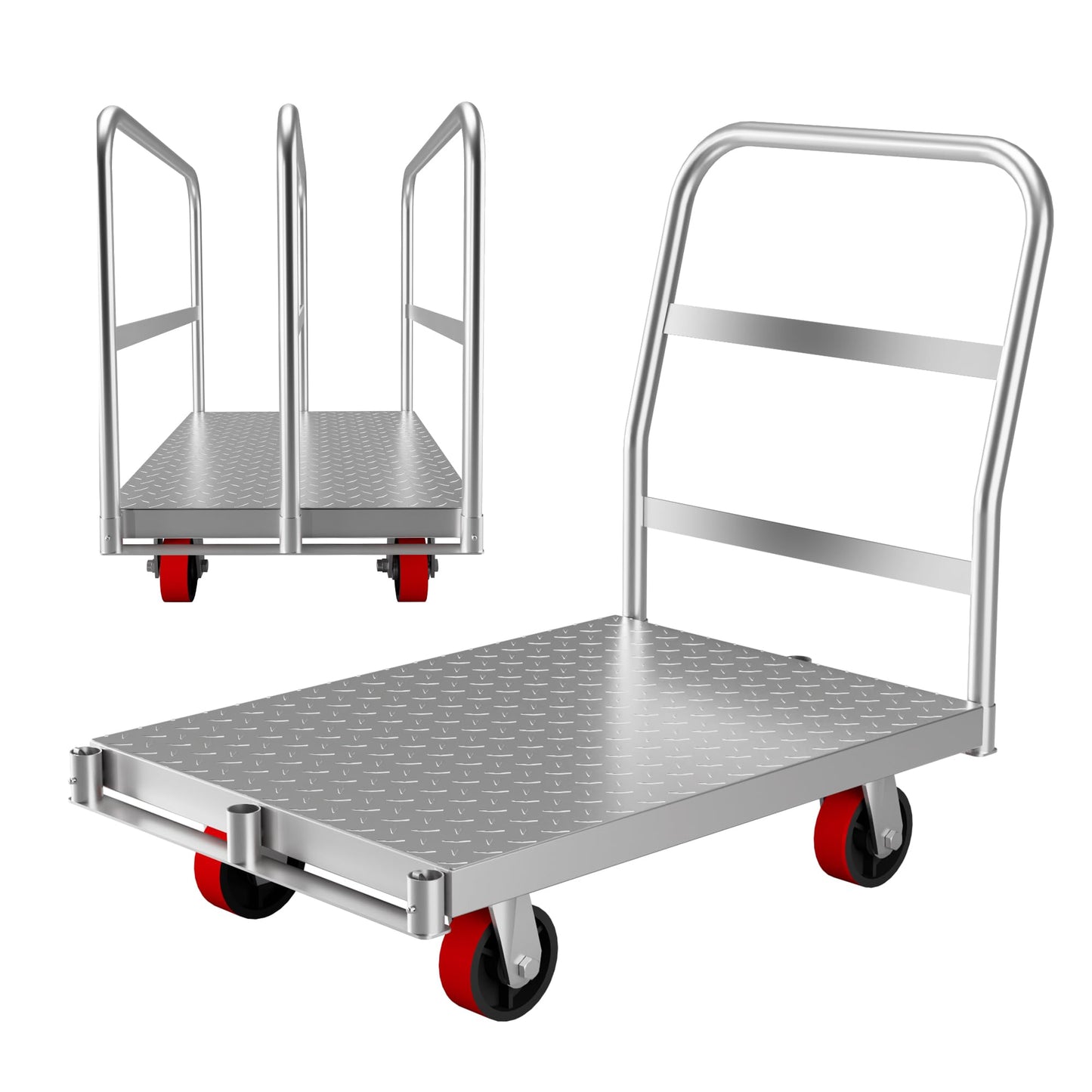 2-in-1 Heavy Duty Panel Truck Cart, 36 in x 24 in All Steel Platform Truck with 1Front & 2 Side Handrails, 2200 LBS Cart with 4 Rubber Swivel Casters for Loading and Storage, 6 Holes