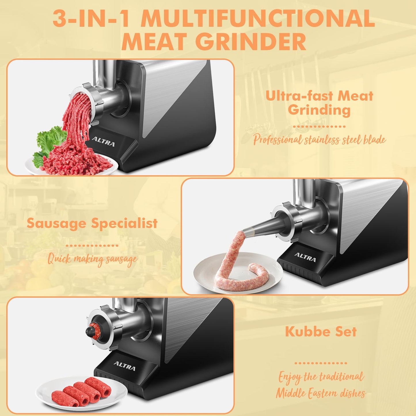 ALTRA LIFE #8 Meat Grinder, [3200W Max] Electric Heavy Duty Sausage Stuff with 2 Stainless Steel Blades and 3 Grinding Plates, Sausage Tube & Kibbe Kit, for Commercial & Home Use