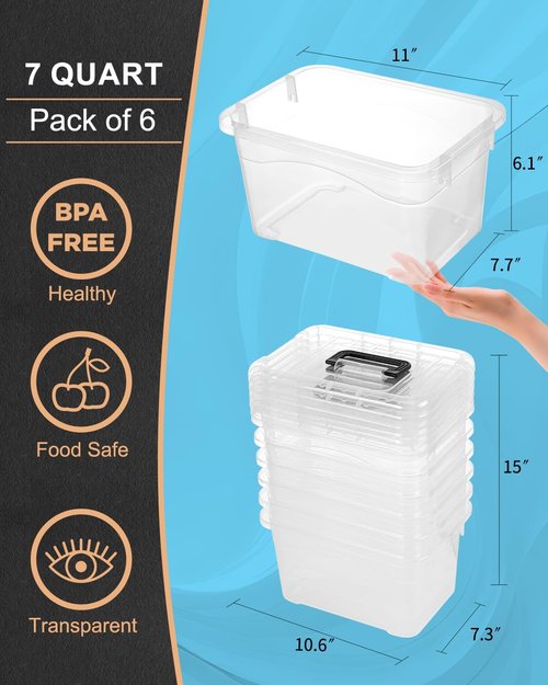 EOENVIVS Plastic Storage Bins - 7 Quart Stackable Organizer with Black Buckle Lids | Clear, 6 Pack for Home & Office