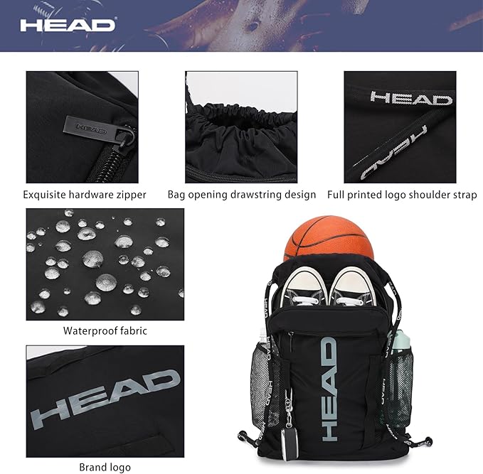 HEAD Waterproof Gym Sackpack for Sport with 2 Zipper Pockets, Large Drawstring Backpacks for Men with Side Pockets for Water Bottle