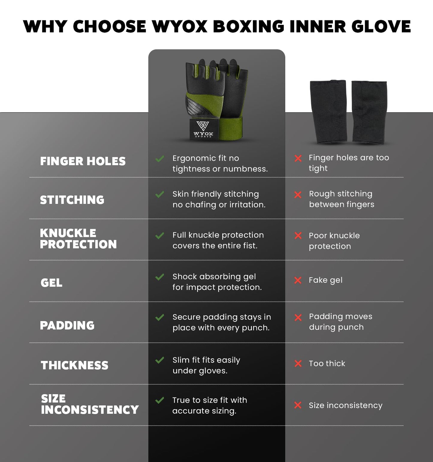 WYOX Gel Boxing Hand Wraps Inner Gloves for Men & Women, 80cm Quick Wrist Straps, Padded Knuckle Protection for Muay Thai Kickboxing, Hand Wraps for Boxing & Martial Arts (Army Green, L/XL)