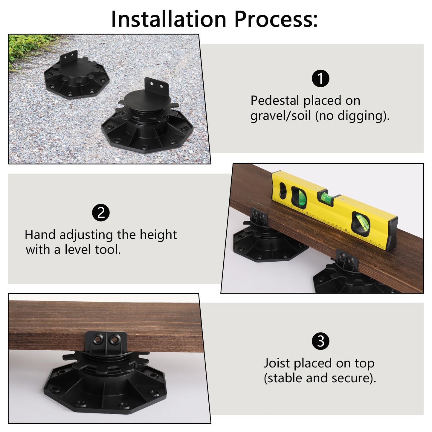 24 Pack Adjustable Deck Support Pedestals, Shed Foundation Base Deck Blocks Floor Raising 1-3/16" to 2-3/8", Joist Support Plastic Pedestals for Outdoor Anti-Corrosive Wood (Black)