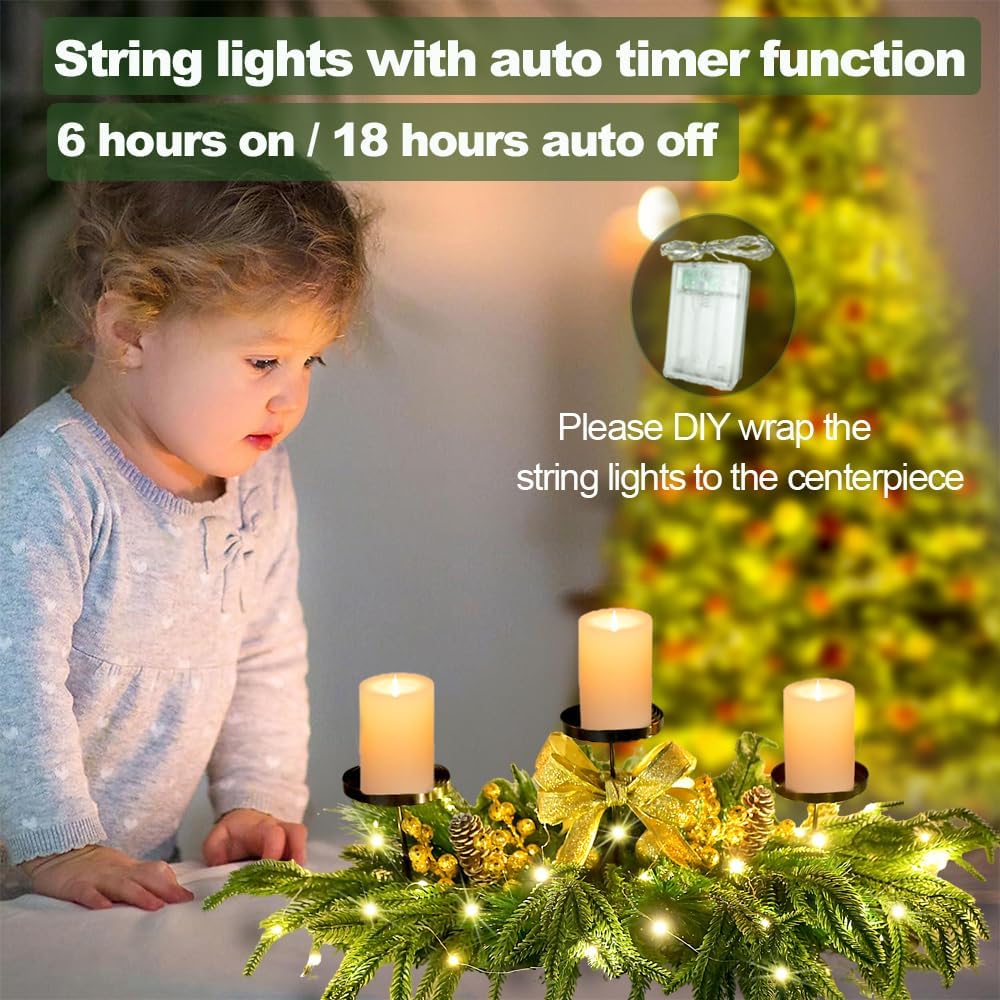 Skiennix Christmas Centerpiece - Elegant Candle Holders with Golden Glitter Bow & Pine Cones | 27.6" Table Decoration