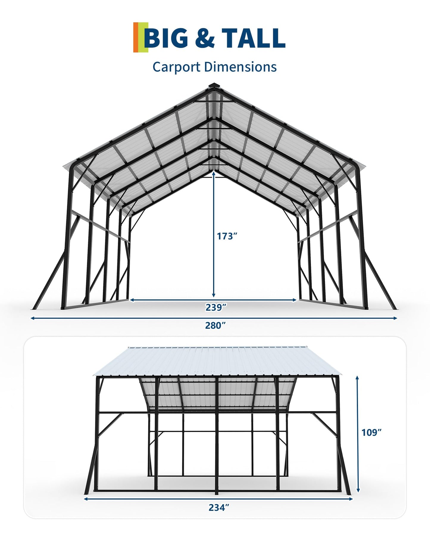 Garvee 20x20 ft Metal Carport Kit, 120° Steep-Pitch Vertical Roof for Snow Shedding, 173" High-Clearance RV & Tractor Shelter, Heavy-Duty 2 Cars Car Port with Reinforced Frame