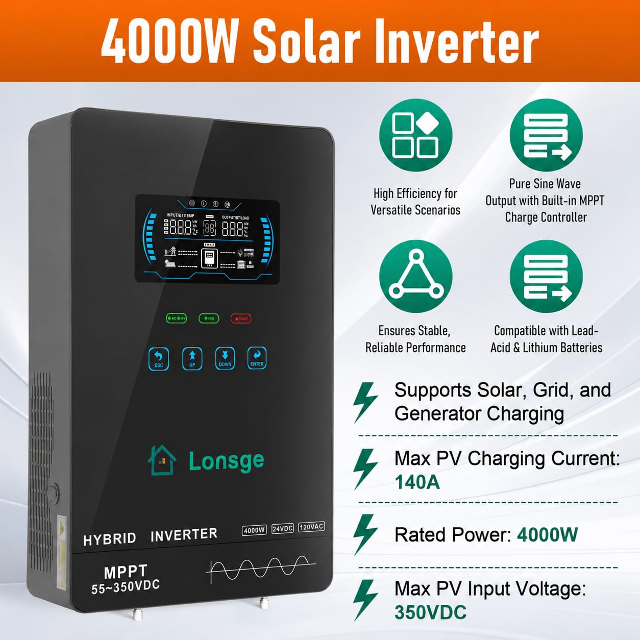Lonsge 4000W Hybrid Solar Inverter 24V DC to 120V AC, Pure Sine Wave Inverter with Built-in 140A MPPT Charge Controller, Max PV Input 5600W 350VDC, Supports Lithium & Lead-Acid Batteries