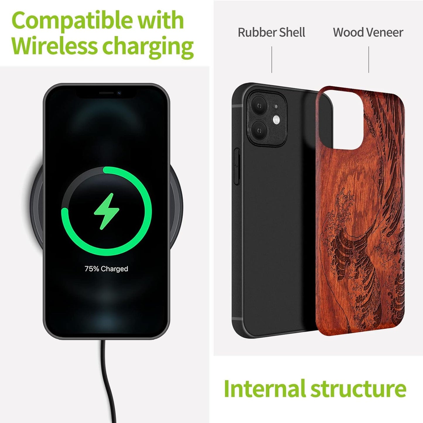 Carveit 12 Magnetic Wood Case for iPhone Case [Natural Wood & Soft TPU] Shockproof Protective Unique & Classy Wooden