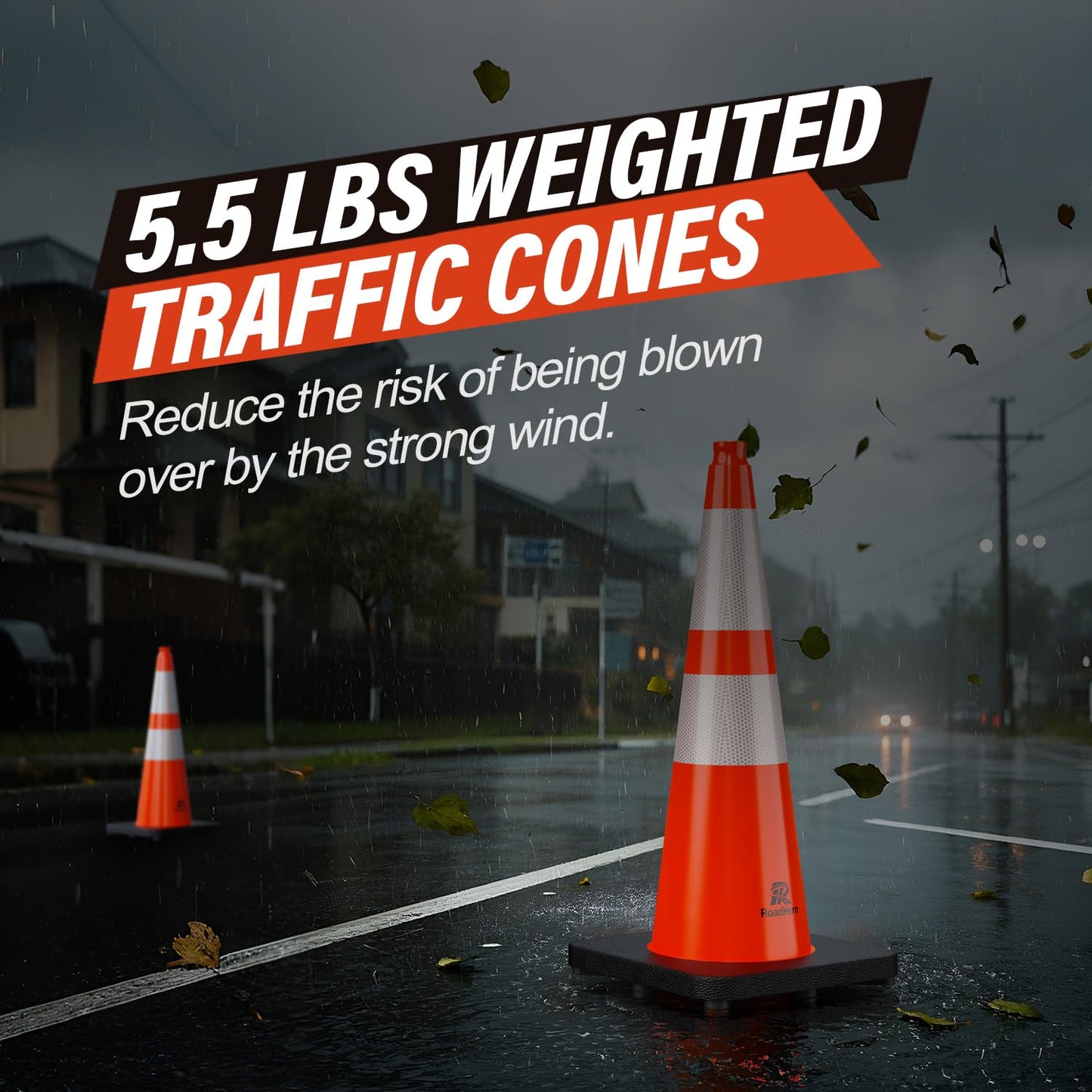 RoadHero 8 Pack 28 Inch 5.5 Lb Traffic Cones with Heavy Black Base, Orange Safety Cone with Reflective Collar for Parking Lot, Construction Work, Road Safety