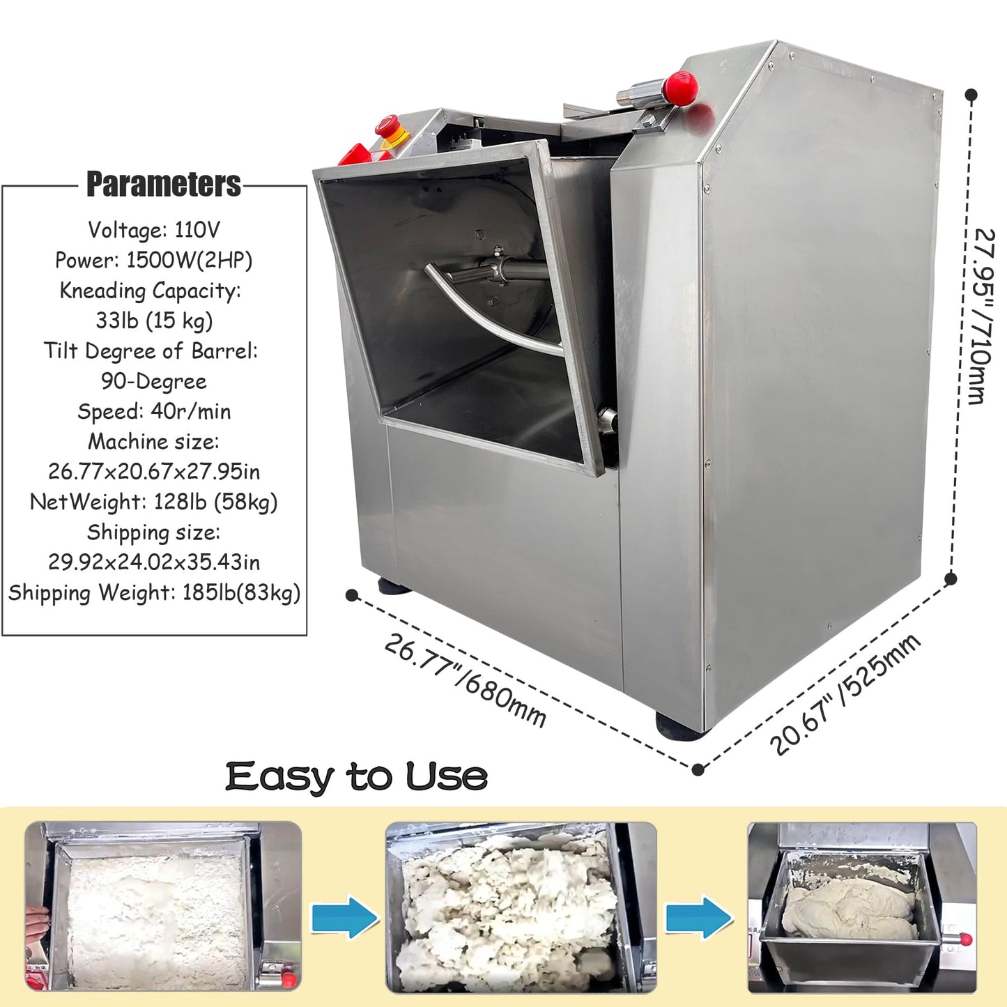 INTSUPERMAI 110V Commercial Dough Mixer Machine 15 KG Kneading Capacity Electric Food Mixer Flour Mixer1500W/2HP for Dough Mixing Kneading