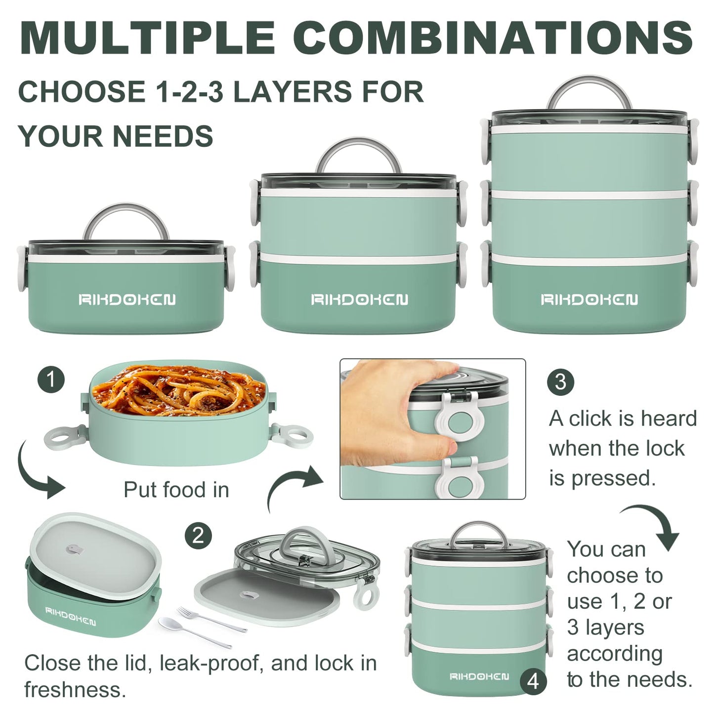 RIKDOKEN Lunch Box, Stackable 3 Layers Containers, Portable 94OZ Large Capacity Leakproof Bento Box with Spoon & Fork & Sauce Boxes, Microwave Safe Lunch Box for Kids and Adults